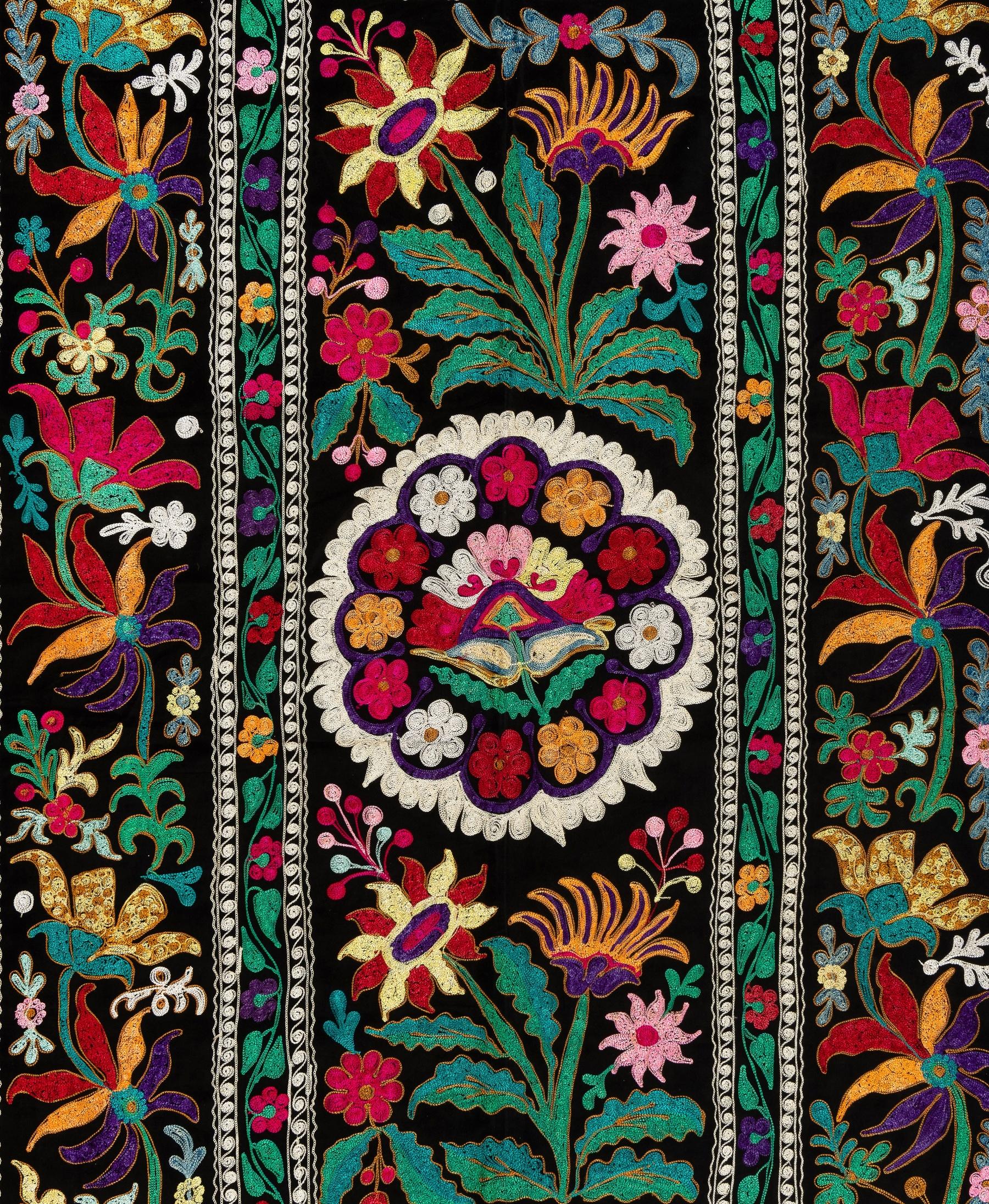 Uzbek 4.3x7.3 Ft Silk Embroidered Suzani Bed Cover, Vintage Colorful Wall Hanging