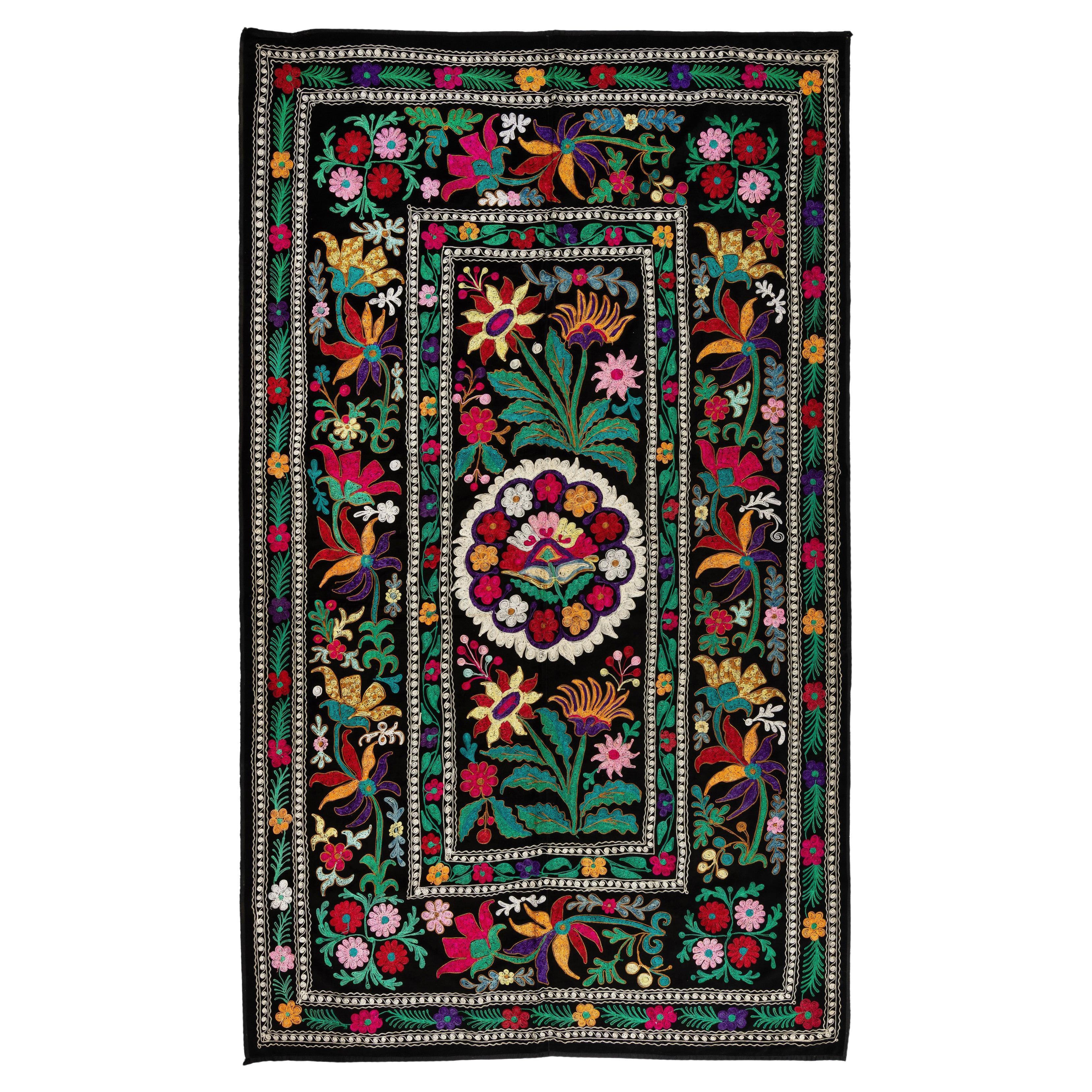 4.3x7.3 Ft Silk Embroidered Suzani Bed Cover, Vintage Colorful Wall Hanging