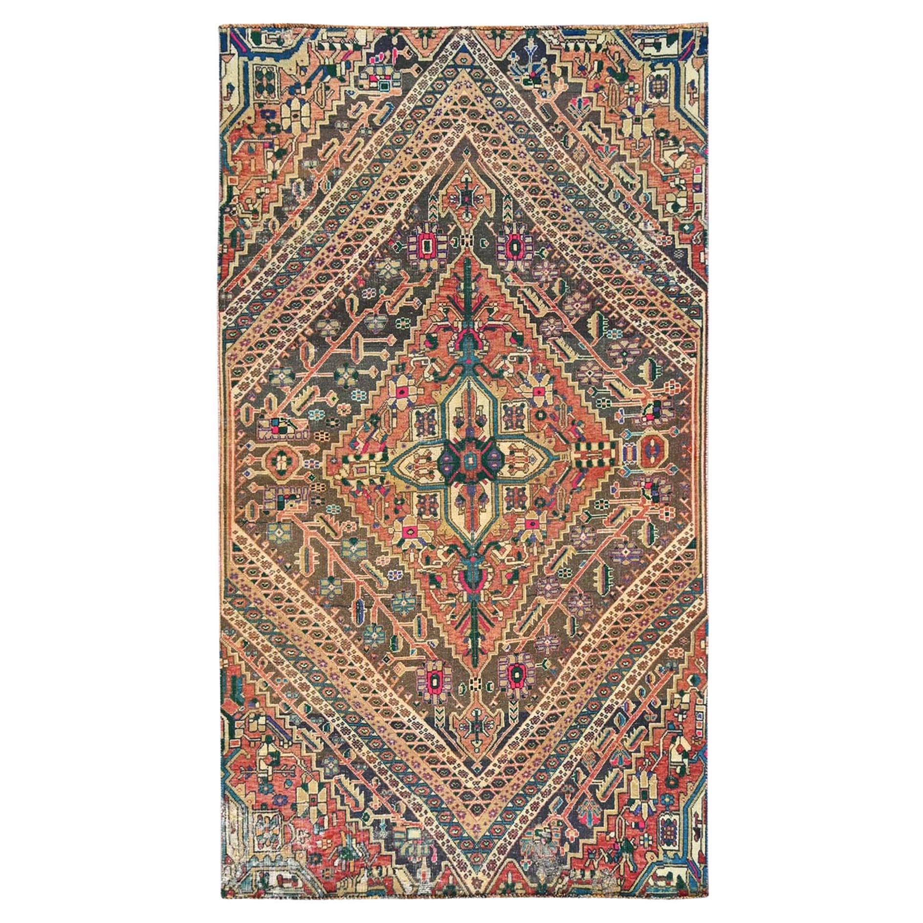 4'3"x7'6" Koralle Rot Vintage Persischer Shiraz Handgeknüpfter Orientalischer Teppich aus reiner Wolle