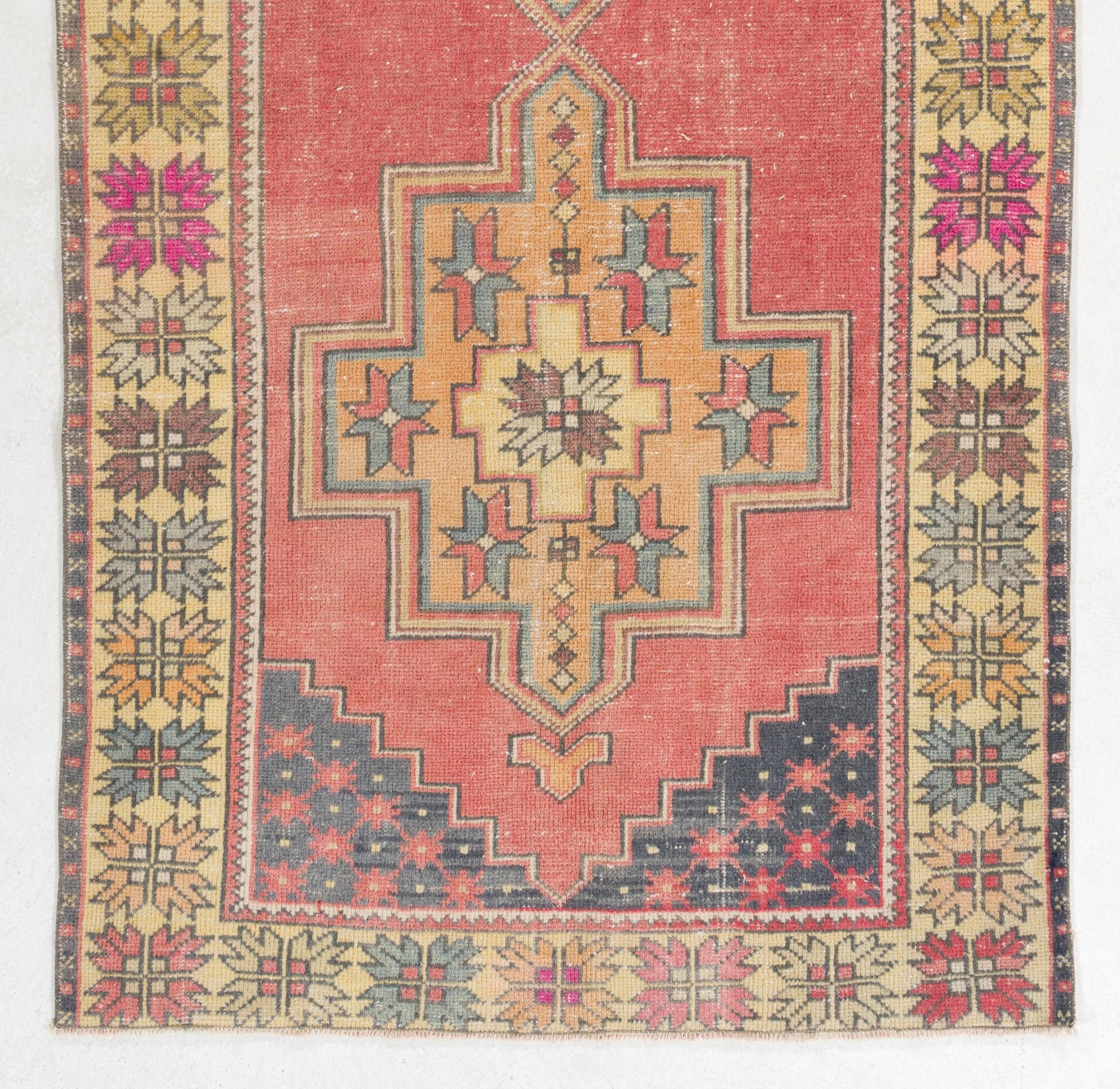 Tribal 4.3x8.7 Ft Vintage HandKnotted Turkish Rug with Wool Pile in Coral Pink & Orange For Sale