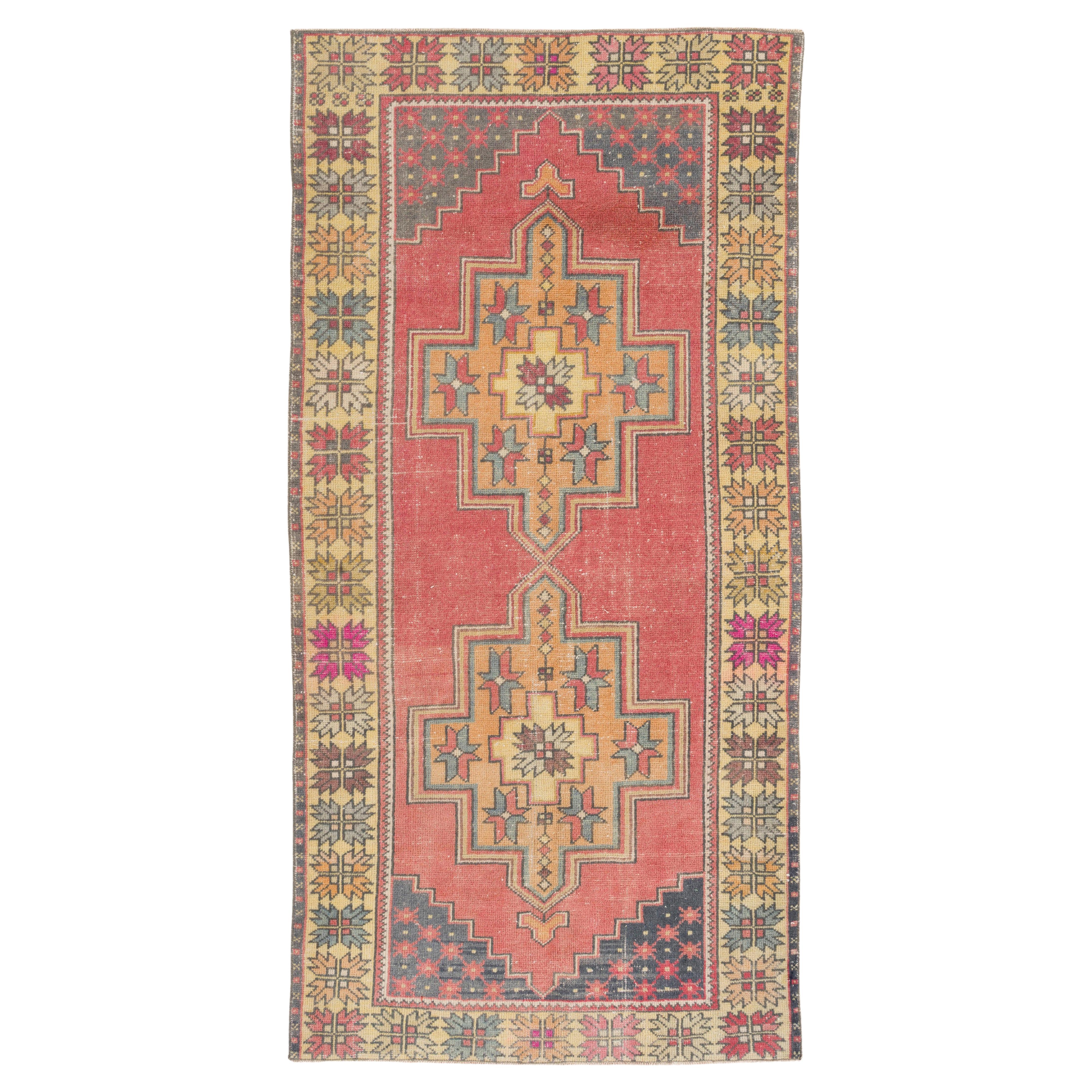 4.3x8.7 Ft Vintage HandKnotted Turkish Rug with Wool Pile in Coral Pink & Orange For Sale