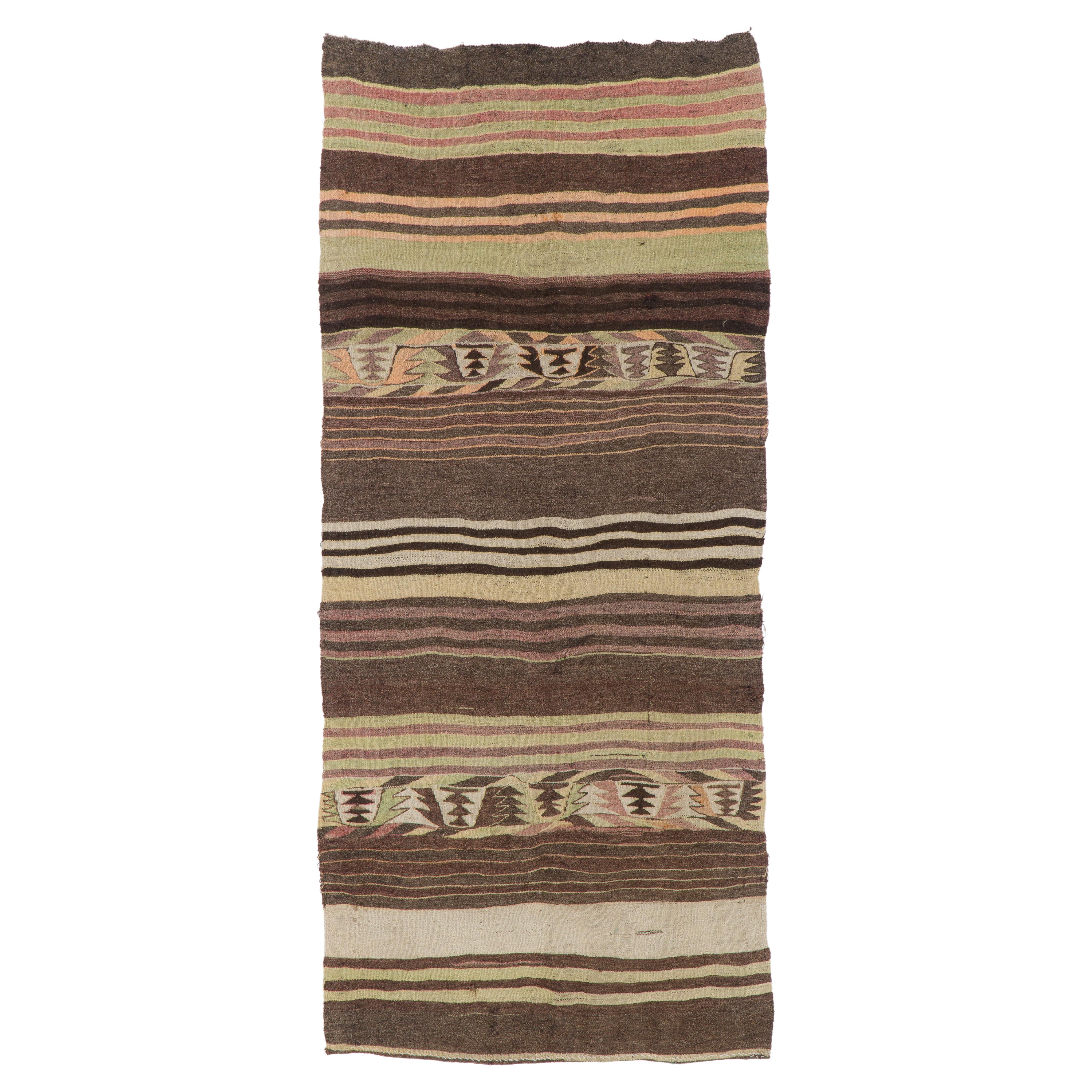 4.2x9.3 Ft Handmade Vintage Striped Turkish Kilim Runner. %100 Wool. Reversible For Sale