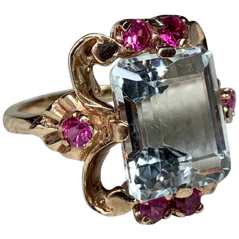 4.4 Carat Aquamarine Ruby Cocktail Ring 10 Karat Gold