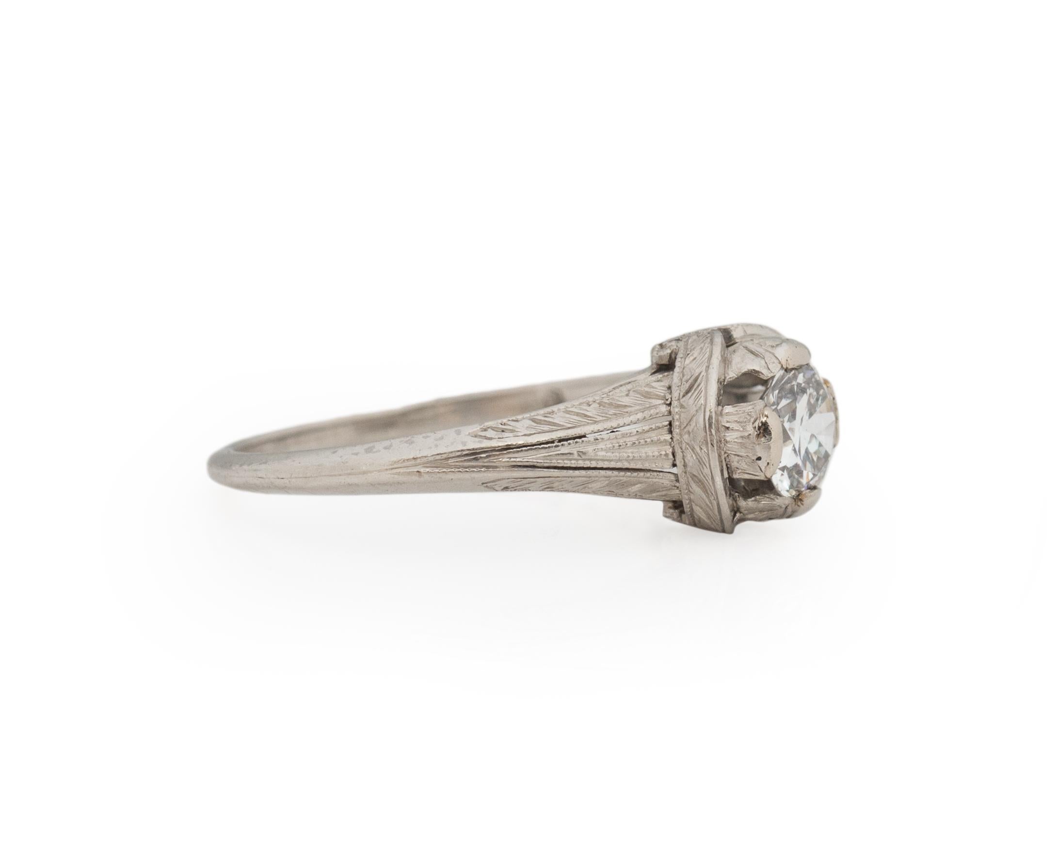 Ring Size: 5.75
Metal Type: Platinum [Hallmarked, and Tested]
Weight: 2.0 grams

Center Diamond Details:
GIA REPORT #:
Weight: .44ct
Cut: Old European brilliant
Color: F
Clarity: VS2

Finger to Top of Stone Measurement: 5mm
Condition: Excellent