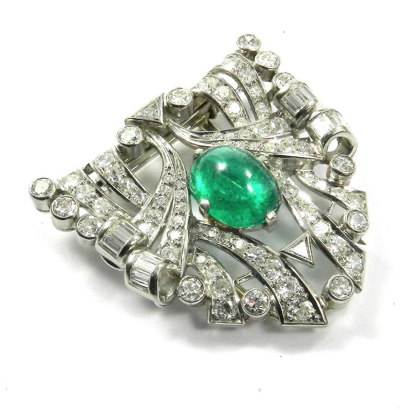 4.4 carat emerald and diamond clip Brooch in 18K White Gold

This magnificent, geometrically openwork clip brooch has the shape of a shield, set with a central emerald cabochon of 4.4 ct, surrounded by 89 diamonds with a total of 4.3 ct.
 

Platinum