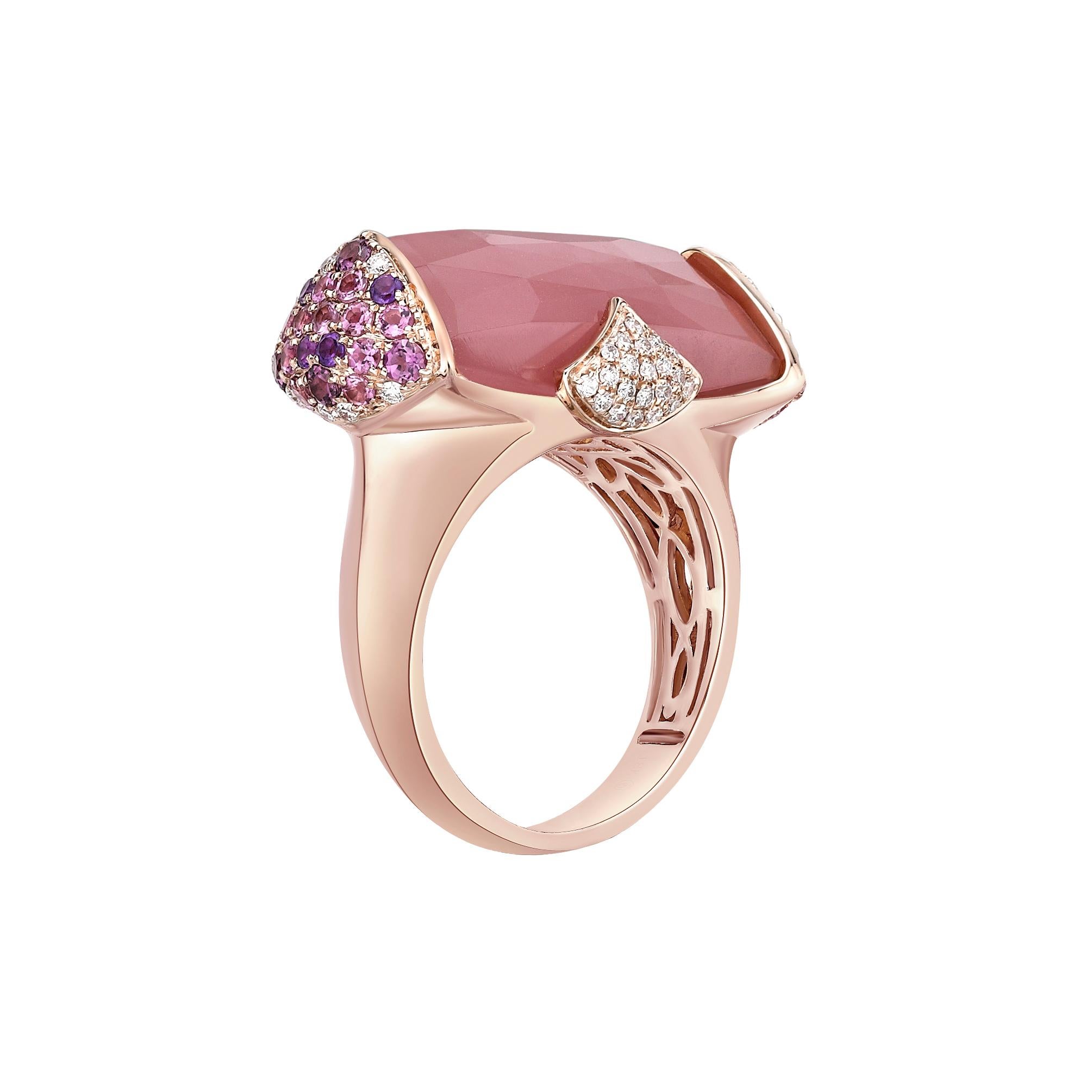 Briolette Cut 44 Carat Guava Quartz Ring and Earring Set in 18 Karat Rose Gold with Diamonds For Sale
