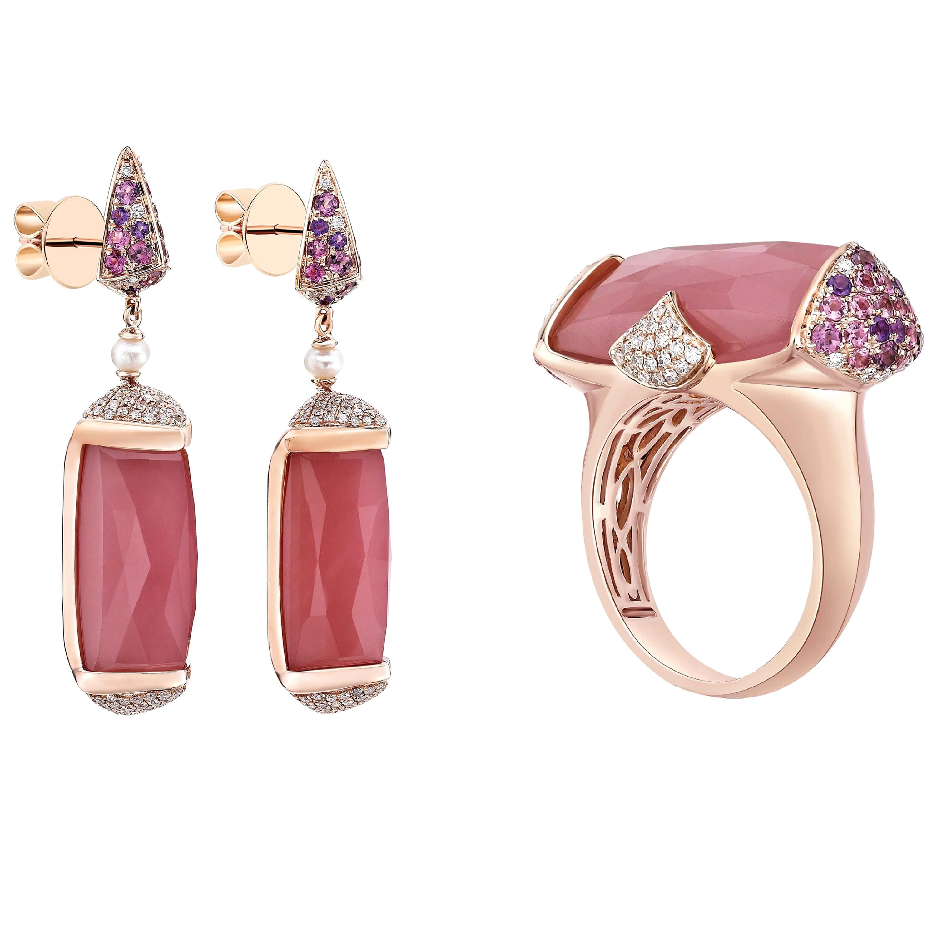 44 Carat Guava Quartz Ring and Earring Set in 18 Karat Rose Gold with Diamonds