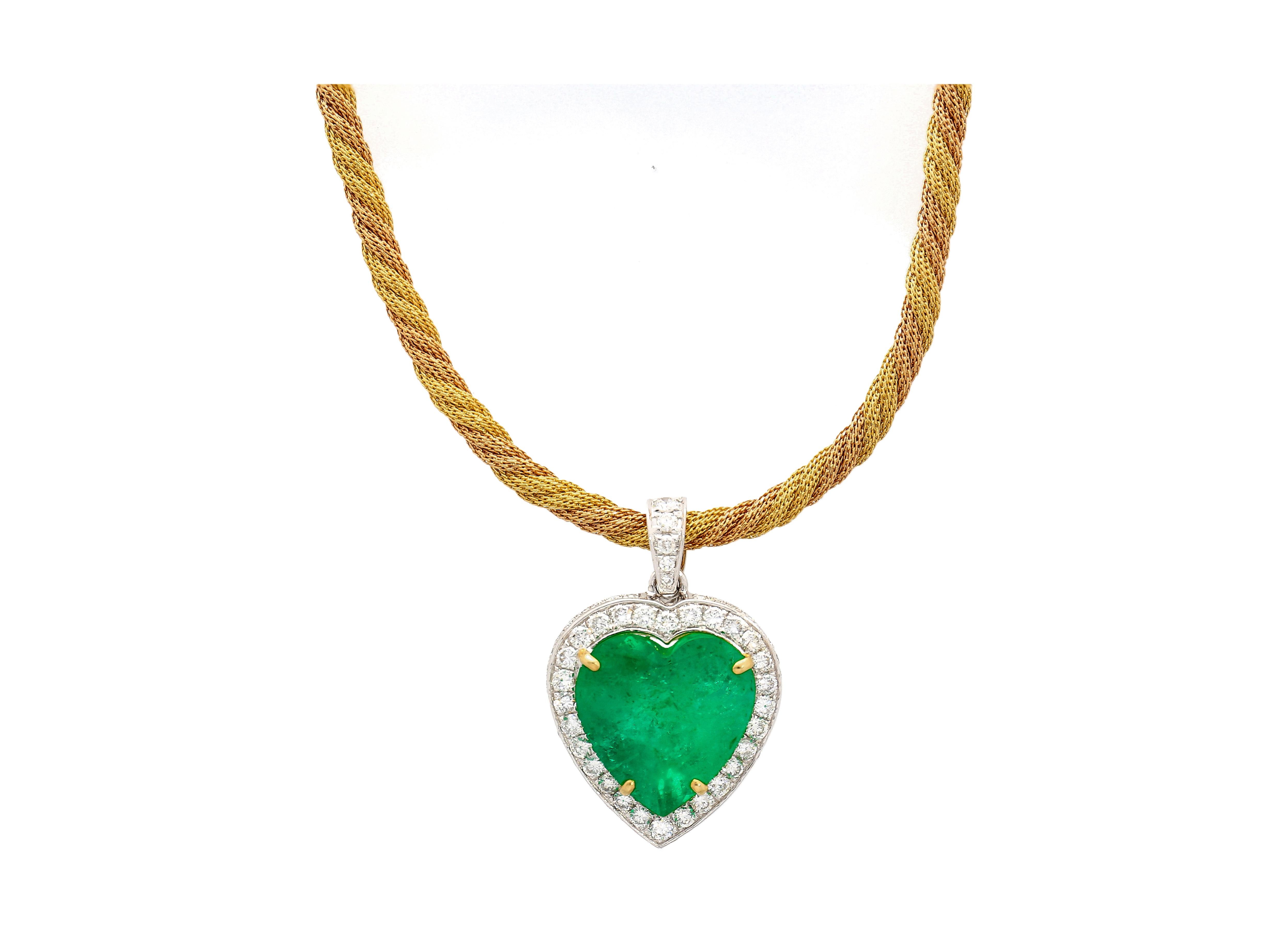 Jewelry Details:

Item Type: Pendant
Metal Type: 18K White Gold
Gemstones: Green Emerald, Diamond
Weight: 16.54 grams (Total Weight)

Center Stone Details:
Gemstone: Green Emerald
Carat: 43.99 Carats
Emerald Measurements: 24.97 x 24.34 x 15.24