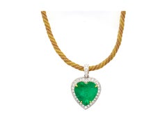 44 Carat Heart Shaped Green Emerald Pendant with Diamond Side Stone in 18K Gold