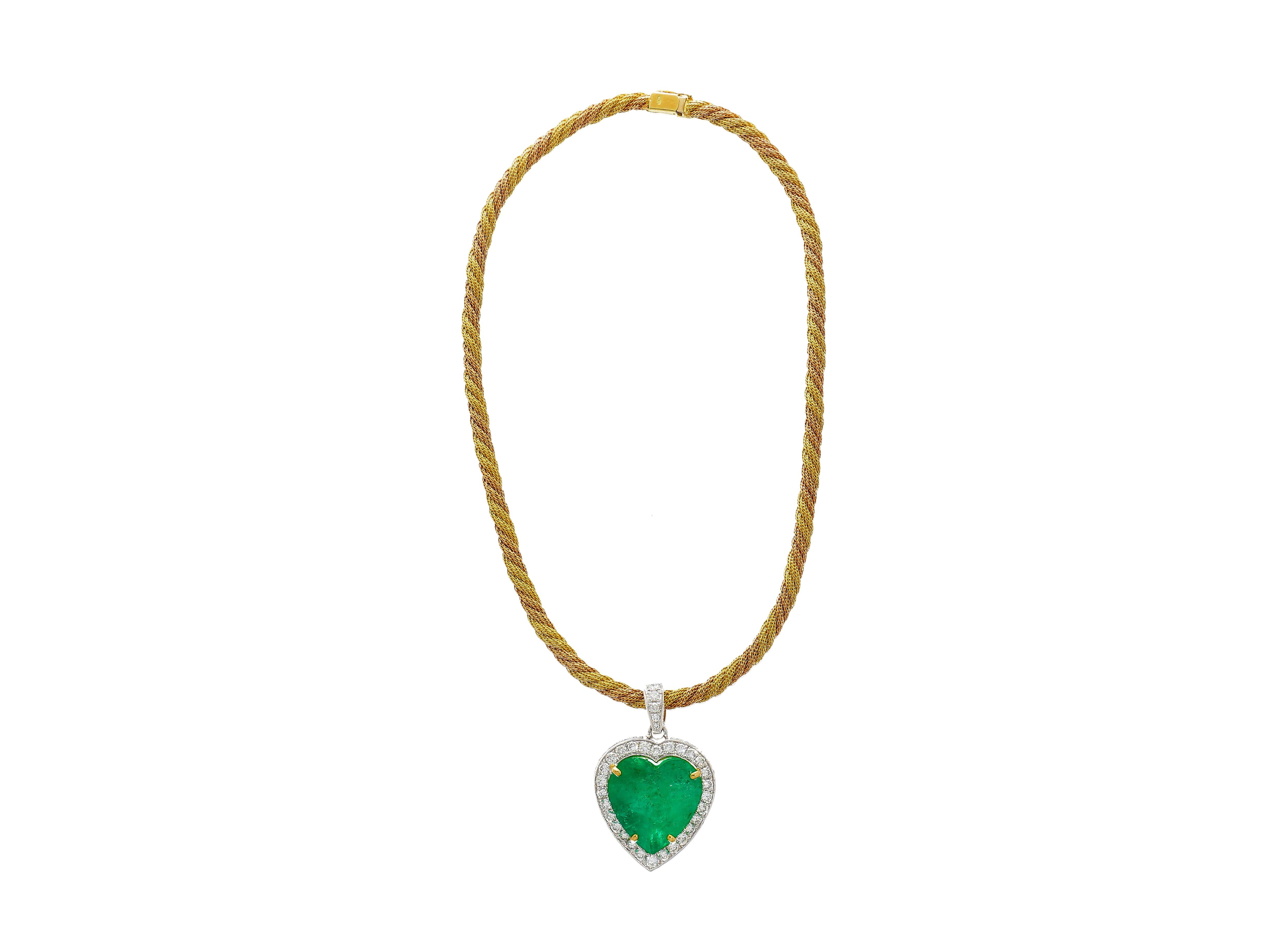 Art Deco 44 Carat Heart Shaped Green Emerald Pendant with Diamond Side Stone in 18K Gold  For Sale
