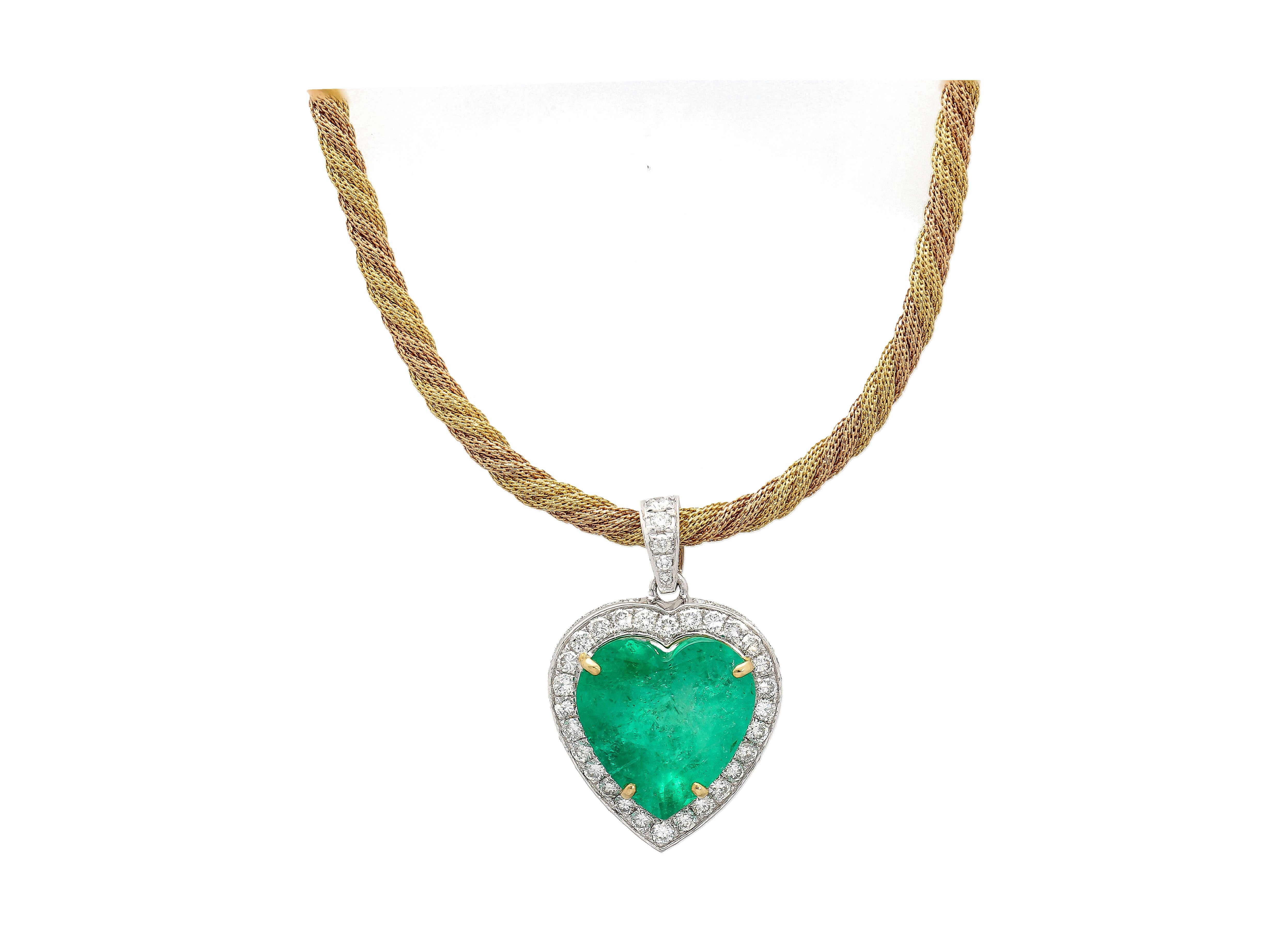 Heart Cut 44 Carat Heart Shaped Green Emerald Pendant with Diamond Side Stone in 18K Gold  For Sale