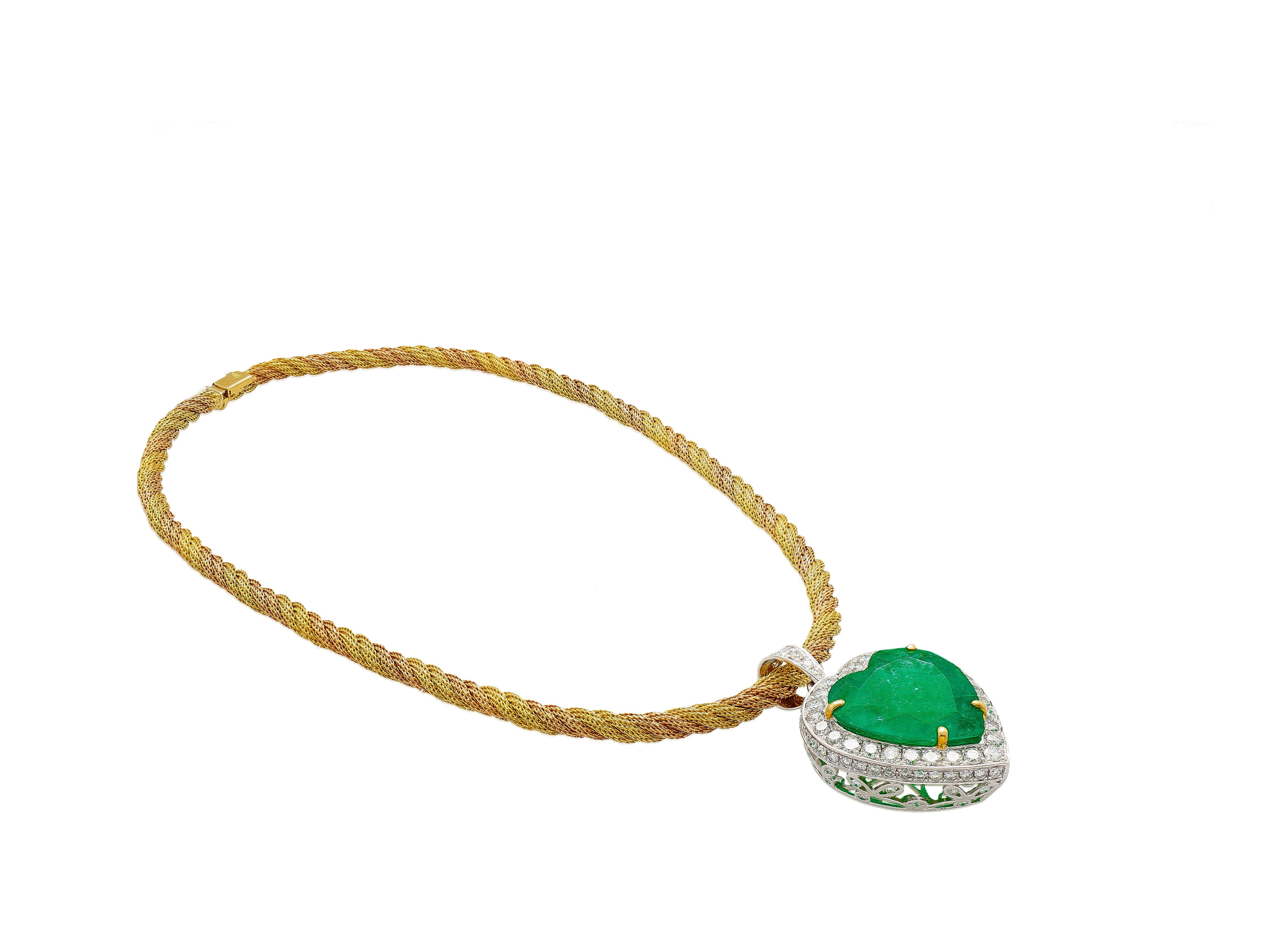 Women's 44 Carat Heart Shaped Green Emerald Pendant with Diamond Side Stone in 18K Gold  For Sale