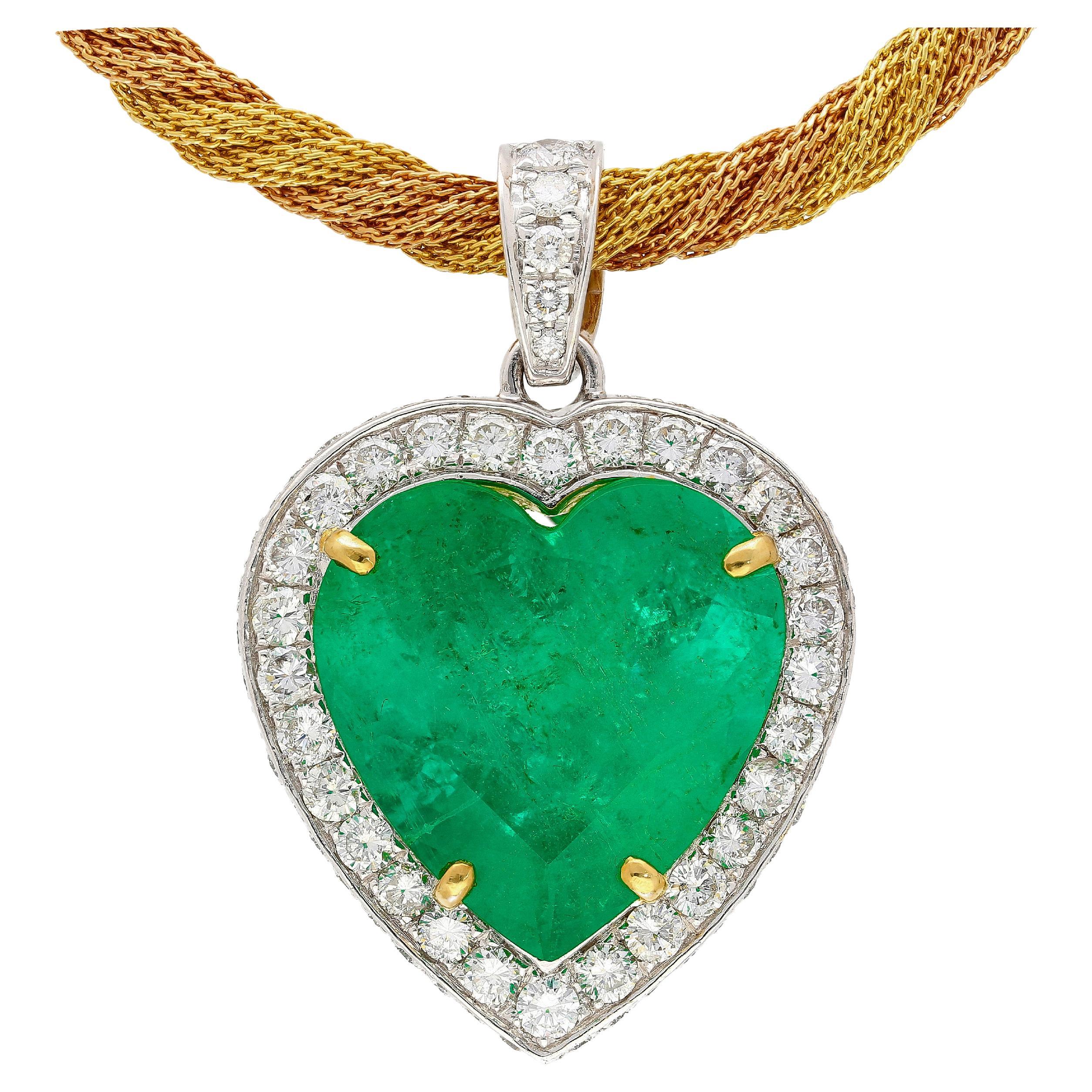 44 Carat Heart Shaped Green Emerald Pendant with Diamond Side Stone in 18K Gold  For Sale