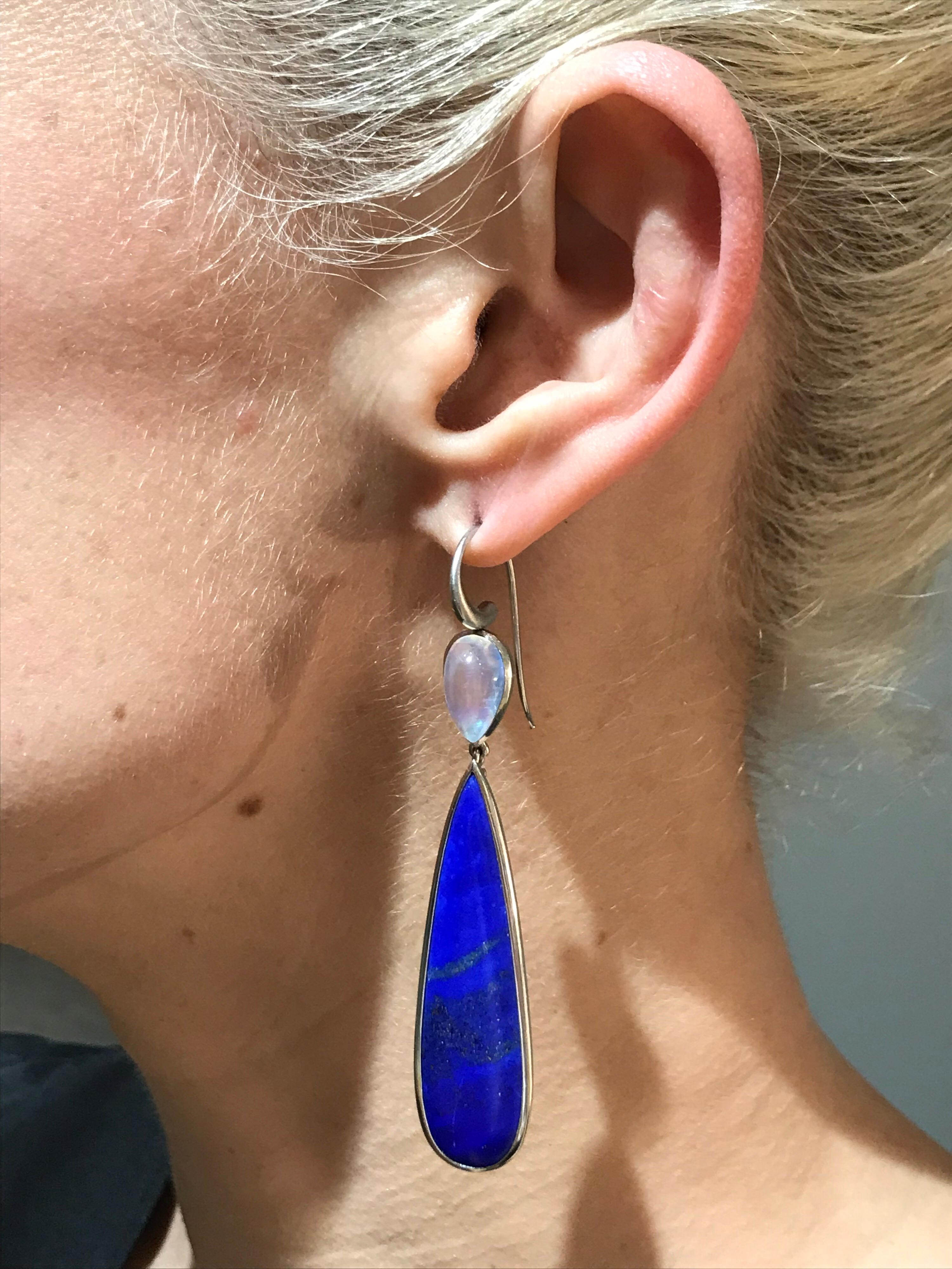 44 Carat Lapis Lazuli and Moonstone Drop Earrings in Platinum For Sale 4