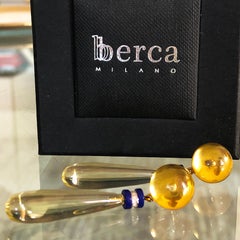 Berca 44Kt Light Yellow Lemon Quartz Lapis White Diamond Disk Gold Drop Earrings