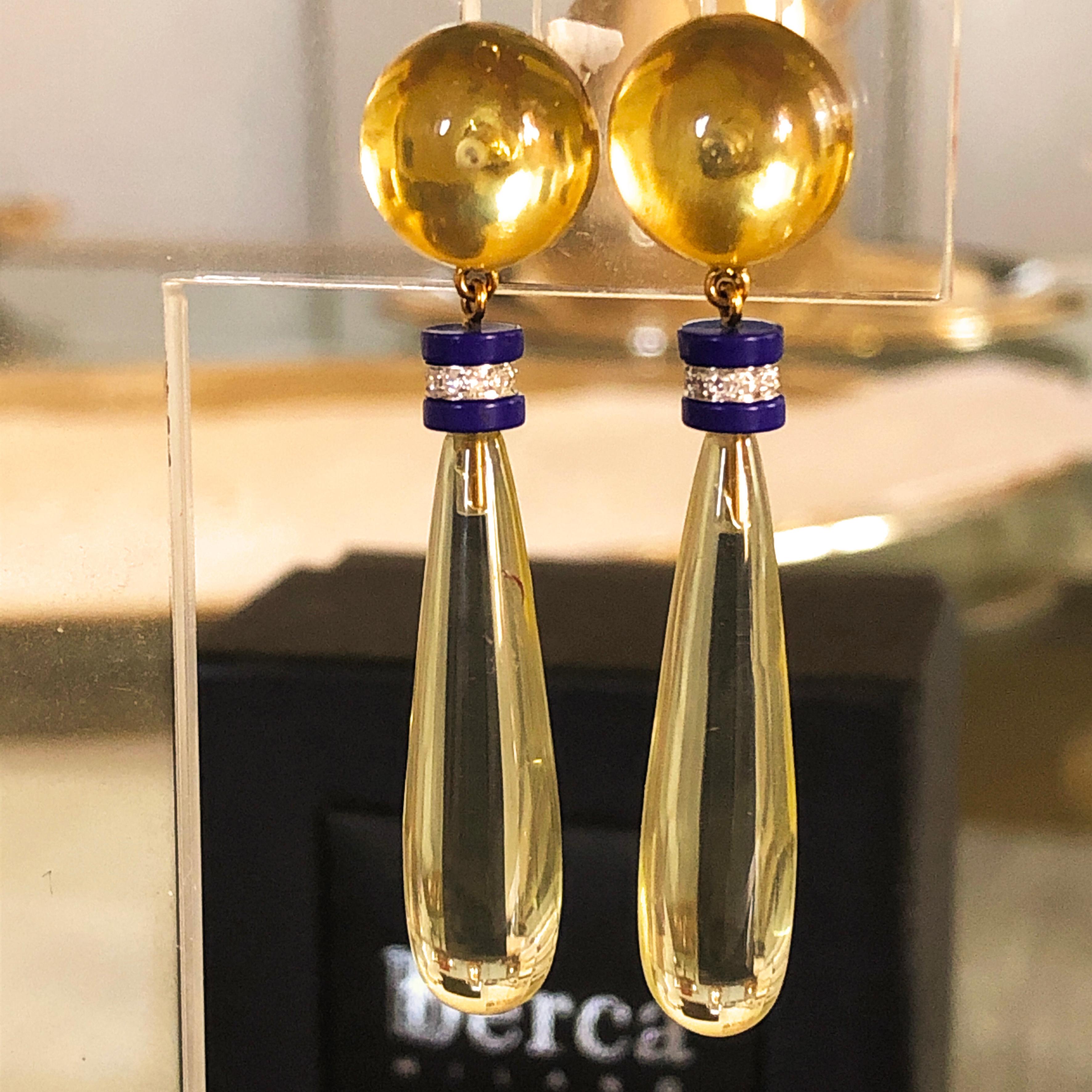 Contemporary Berca 44Kt Light Yellow Lemon Quartz Lapis White Diamond Disk Gold Drop Earrings For Sale