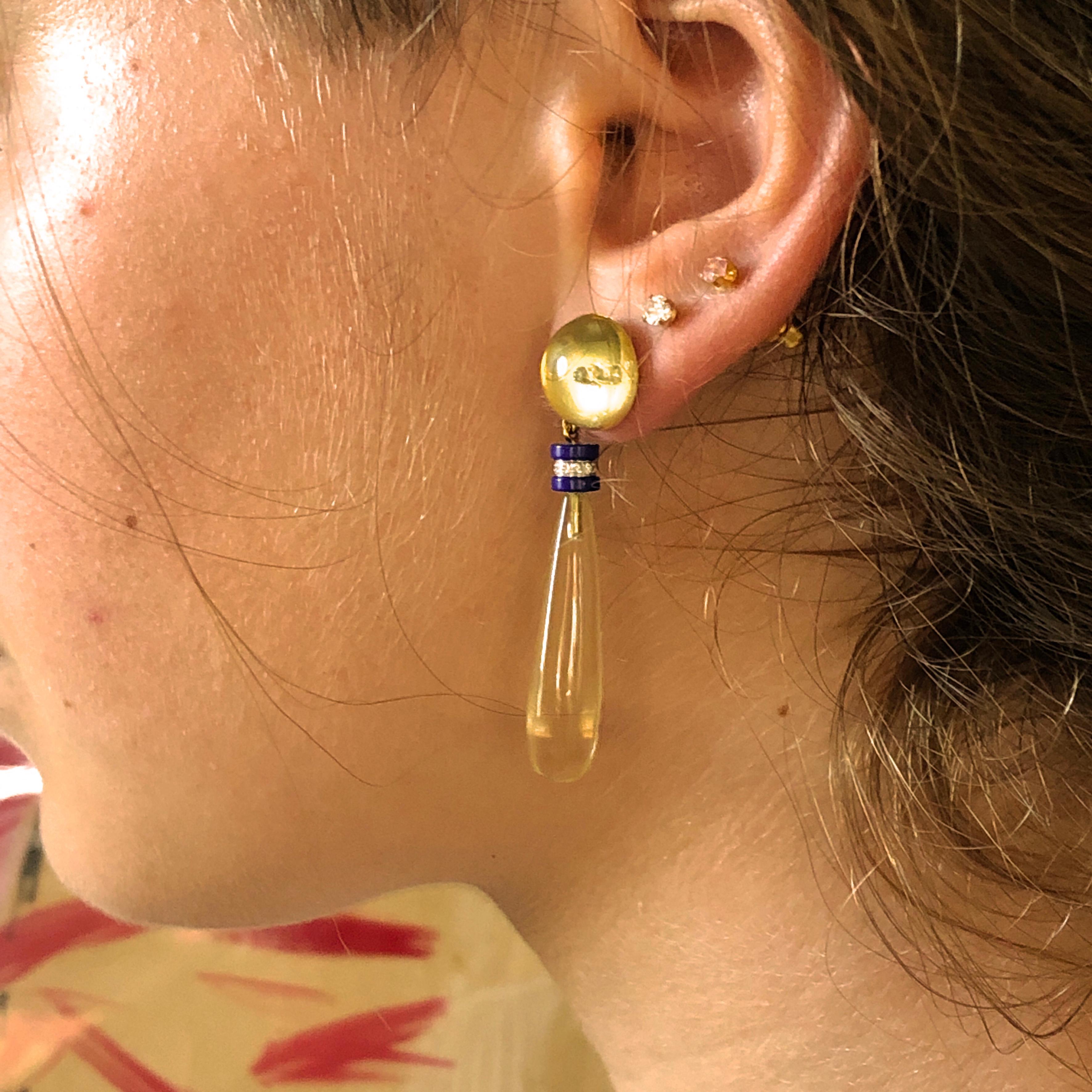 Berca 44Kt Yellow Lemon Quartz Lapis White Diamond Disk Gold Drop Ears en vente 2