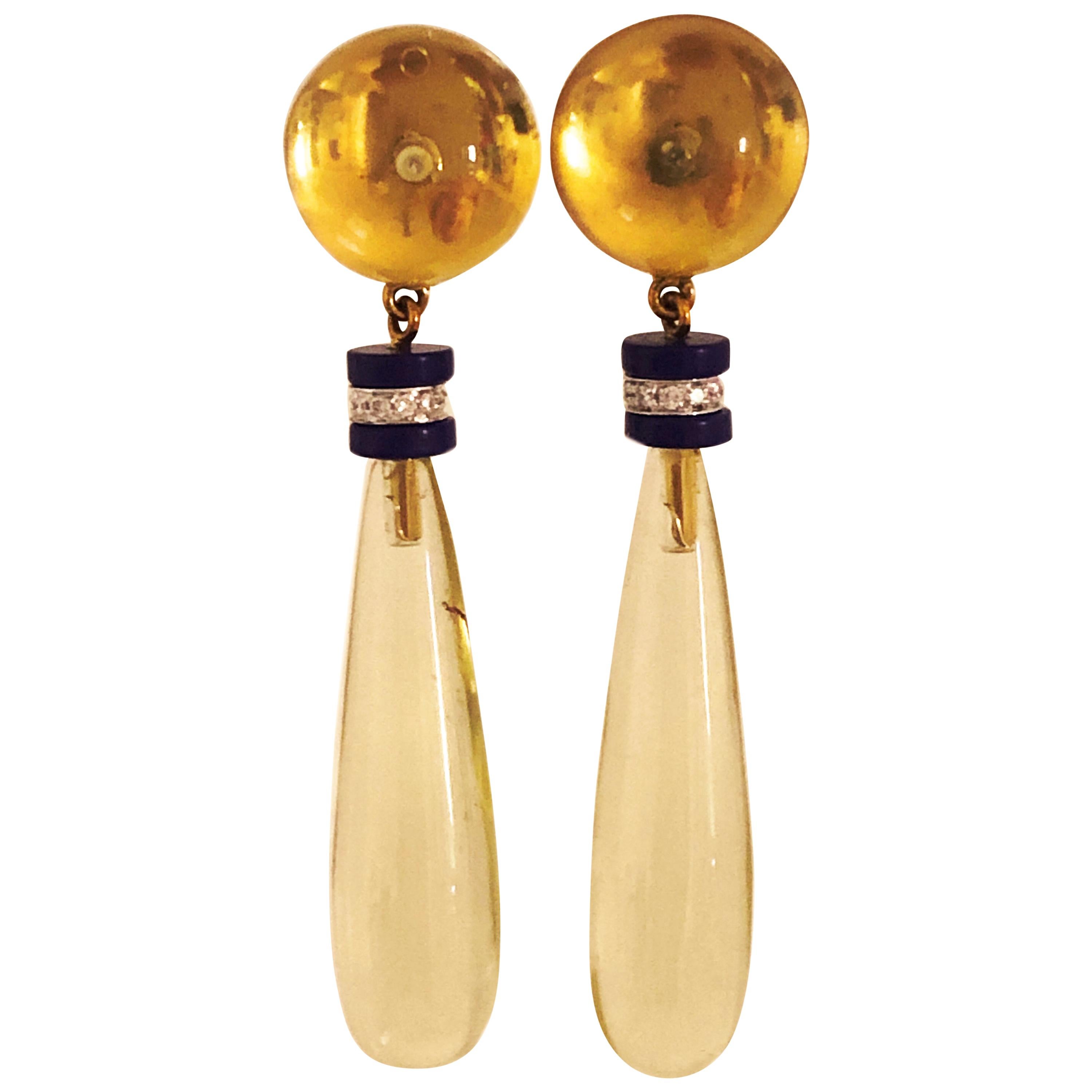 Berca 44Kt Light Yellow Lemon Quartz Lapis White Diamond Disk Gold Drop Earrings For Sale