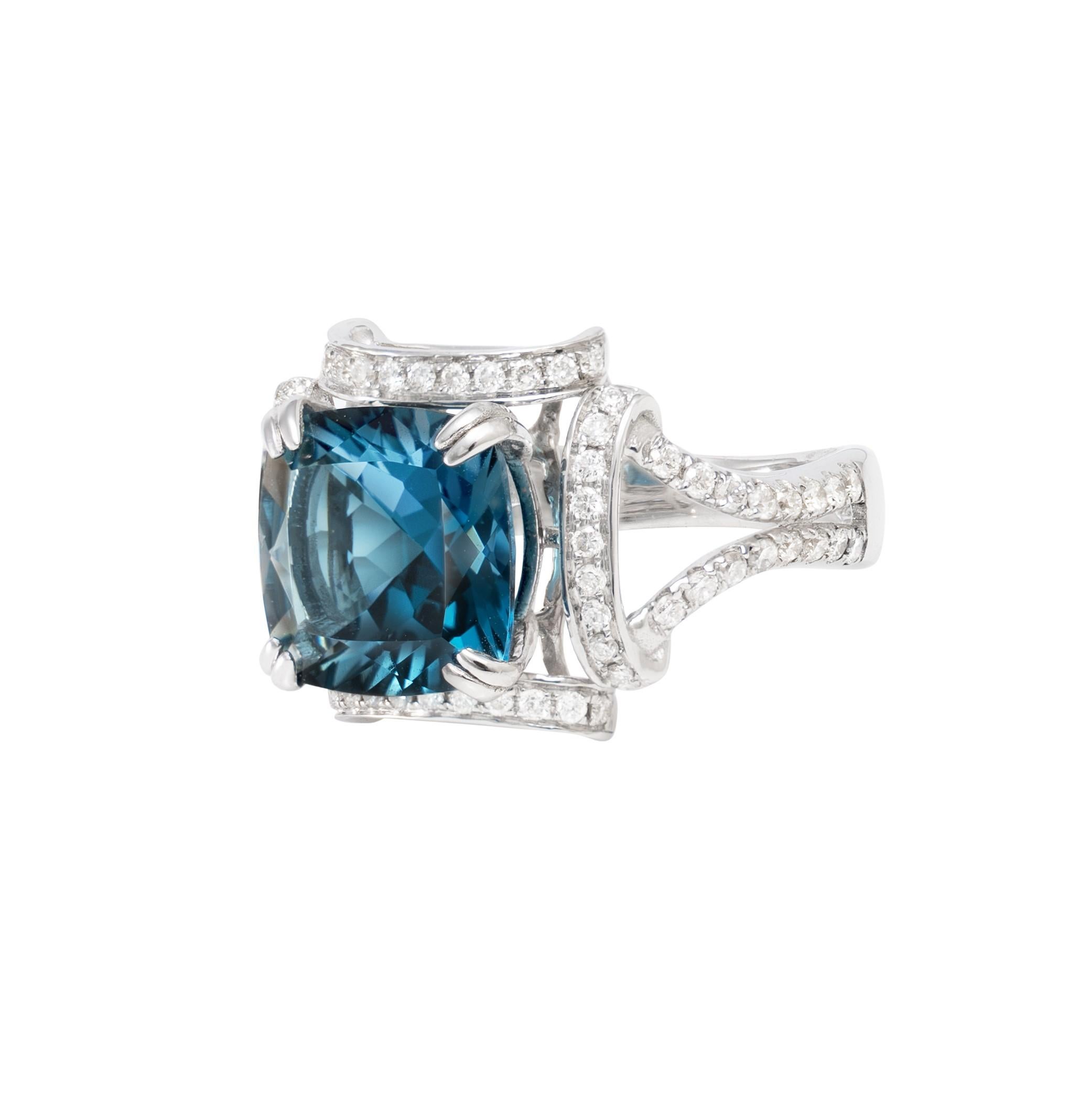 Cushion Cut 4.4 Carat London Blue Topaz Ring with Diamond in 18 Karat White Gold For Sale