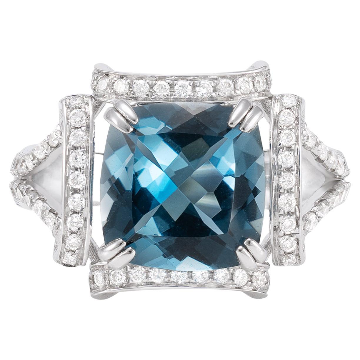 4.4 Carat London Blue Topaz Ring with Diamond in 18 Karat White Gold For Sale