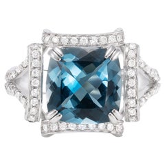 4.4 Carat London Blue Topaz Ring with Diamond in 18 Karat White Gold
