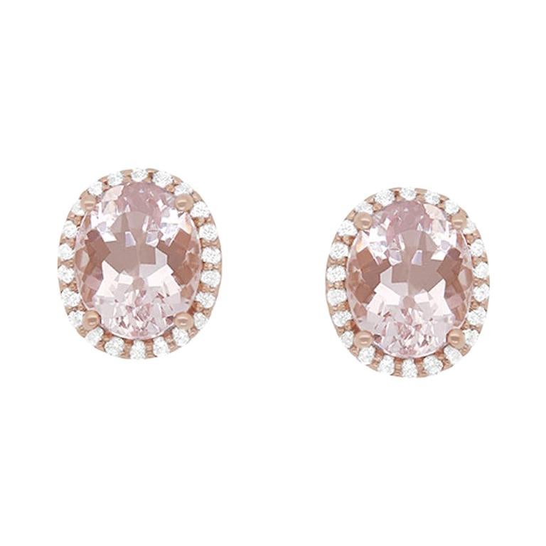 4.4 Carat Oval Pink Morganite and Diamond Halo Stud Earrings in Rose Gold
