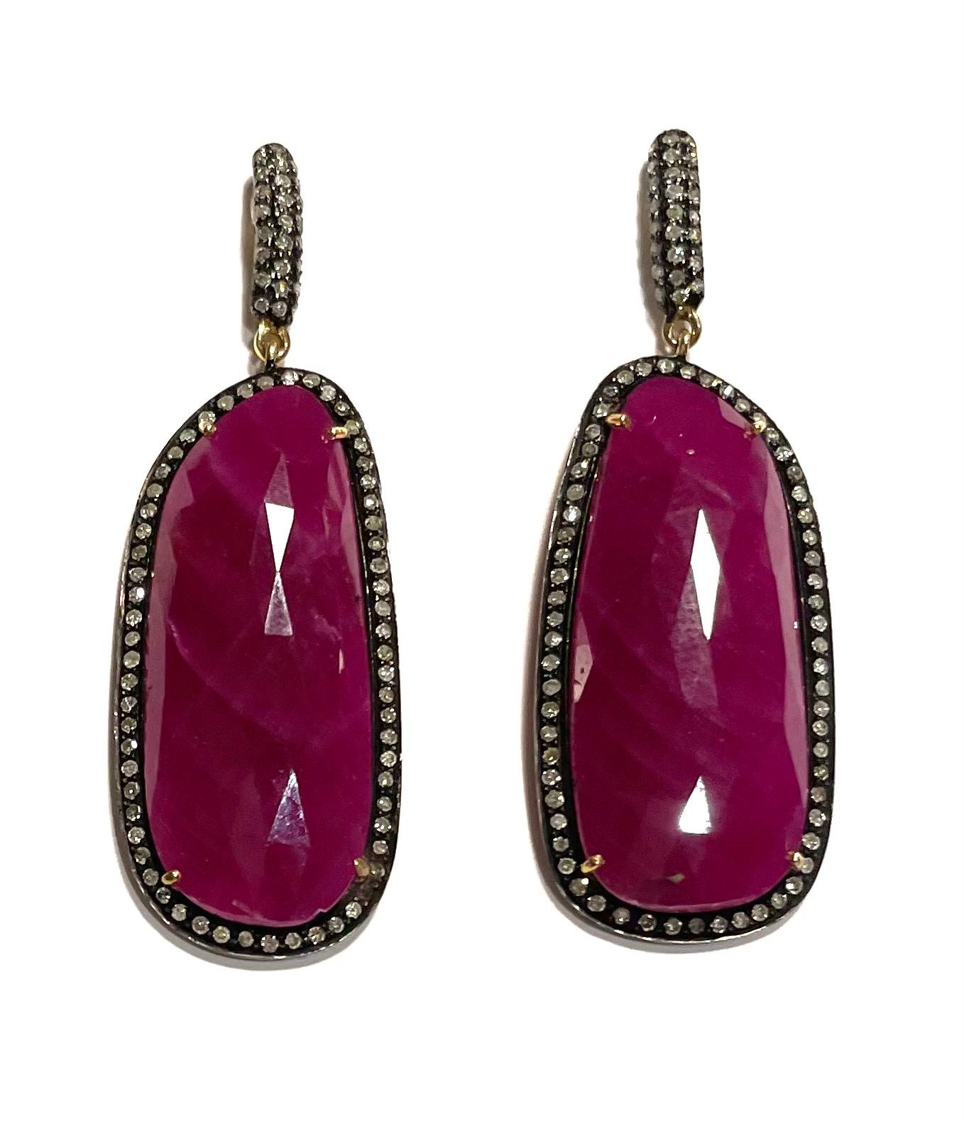 Mixed Cut 44 Carat Ruby and Diamond Earrings For Sale