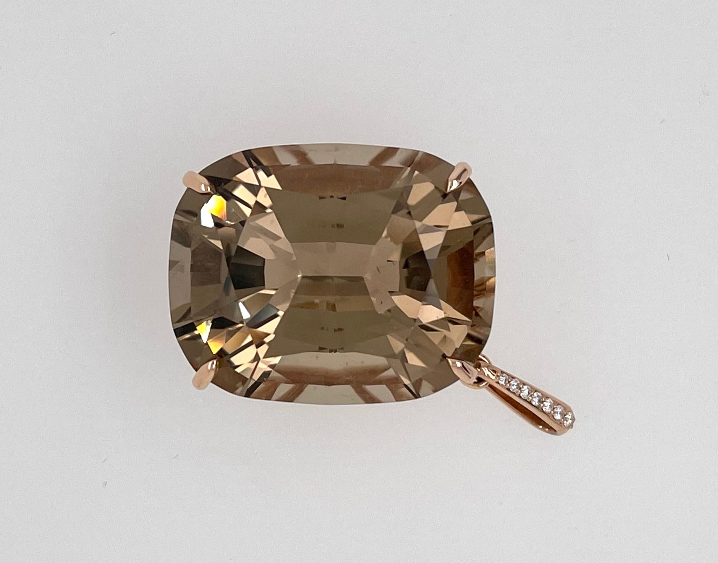44 Carat Smoky Topaz Cushion Cut Pendant Set in 18k Rose Gold with Diamonds In New Condition For Sale In Dallas, TX