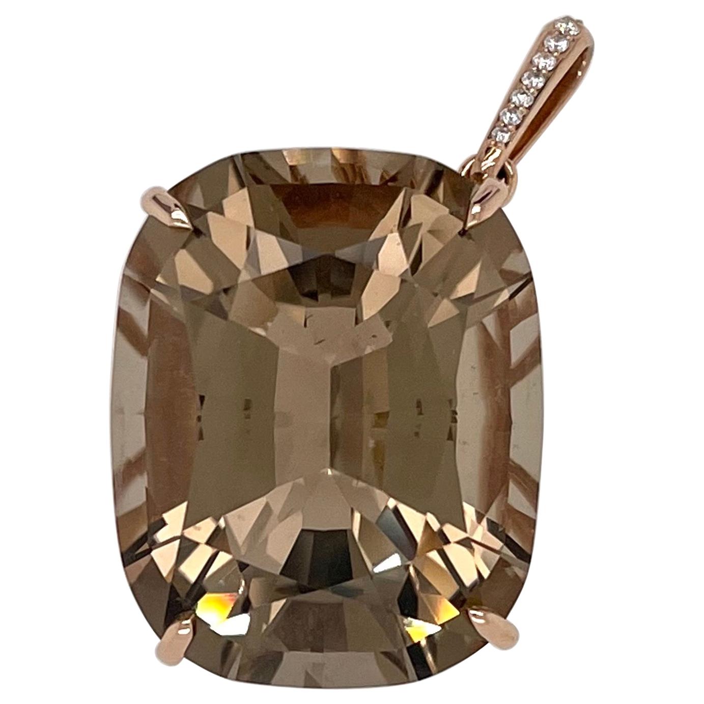 44 Carat Smoky Topaz Cushion Cut Pendant Set in 18k Rose Gold with Diamonds For Sale