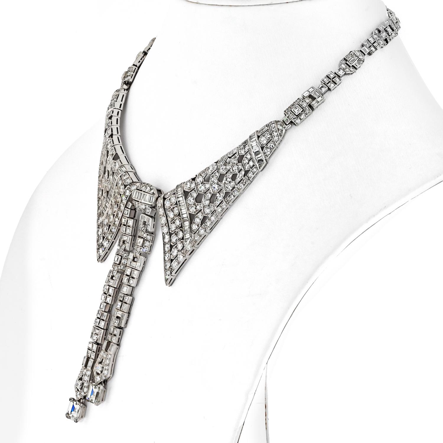 Modern 44 Carats Art Deco Platinum Collar Lavalier Diamond Necklace For Sale