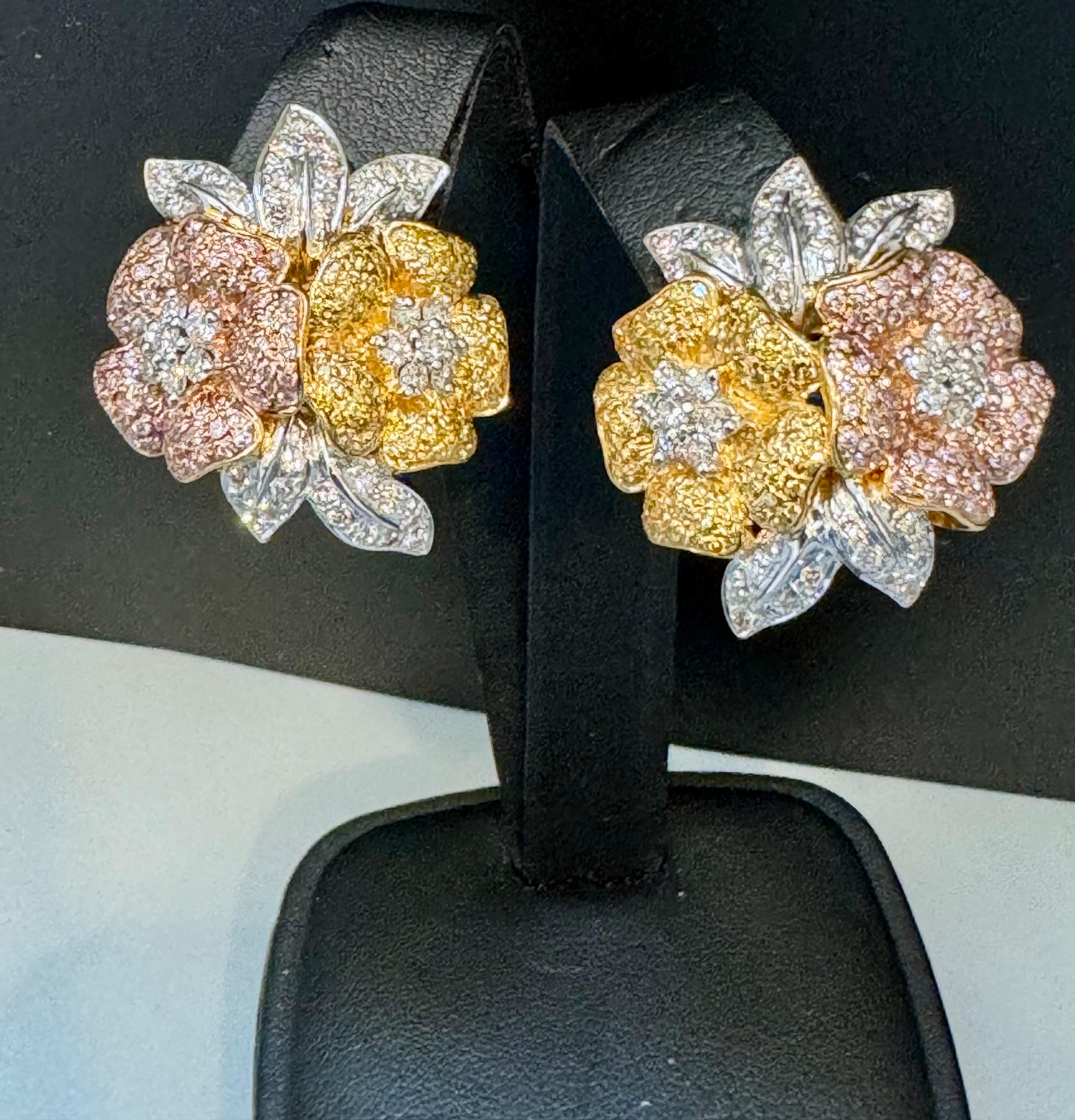 4.4 Ct Natural Fancy Color Diamond Flower Earrings in 18 Kt Multi Color Gold  For Sale 6