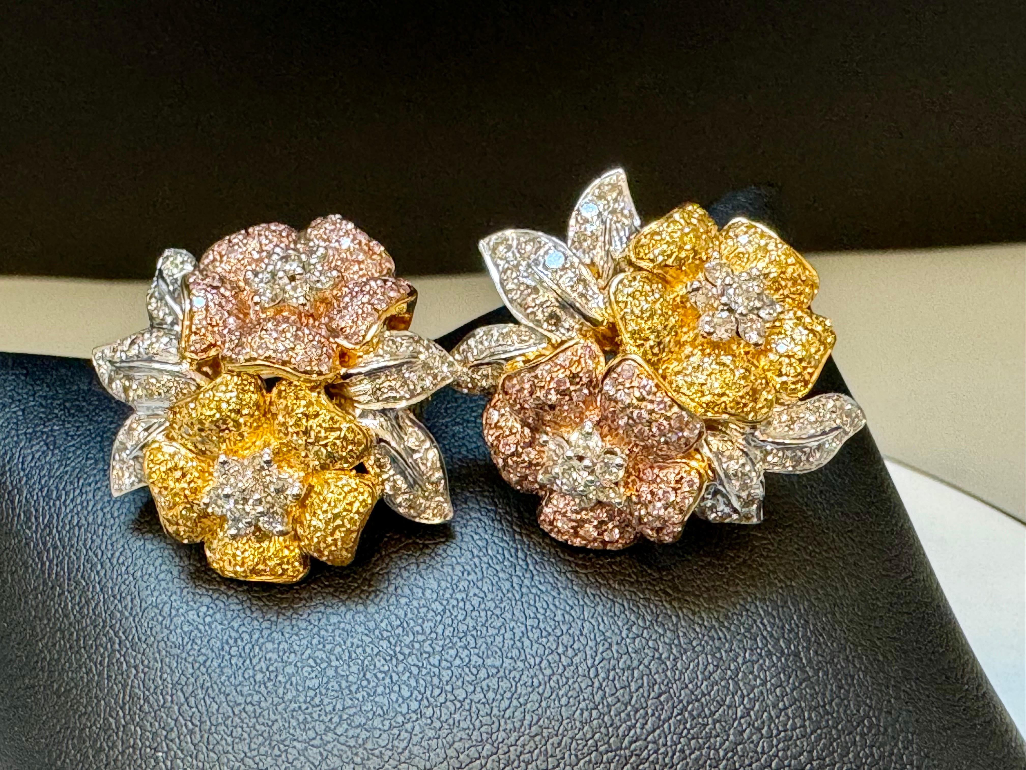 4.4 Ct Natural Fancy Color Diamond Flower Earrings in 18 Kt Multi Color Gold 
Approximately 4.4 Ct Natural  Fancy diamonds are making beautiful petals of flower which has a  diamond  Flower in the center.
It has all colors of gold , Yellow , White