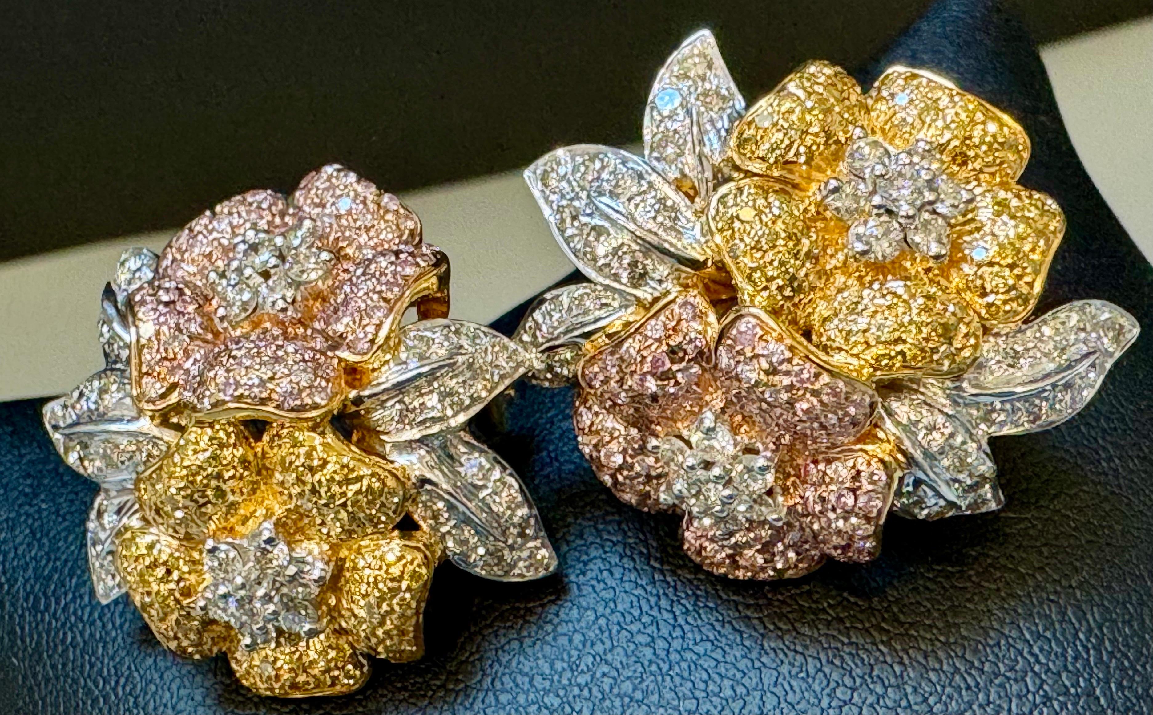 4.4 Ct Natural Fancy Color Diamond Flower Earrings in 18 Kt Multi Color Gold  For Sale 4