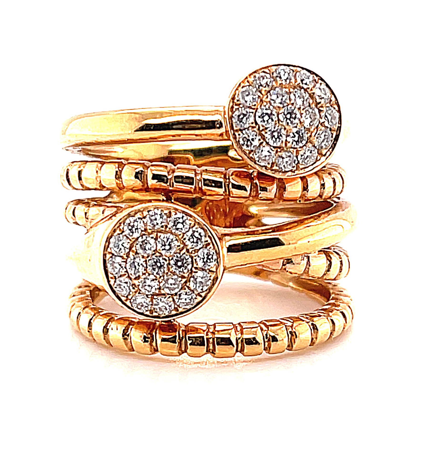 This stylish criss-cross ring is a lovely statement of never-ending devotion! Diamond studded rose gold discs sparkle in a unique combination of textured and highly polished rose gold bands. A real signature piece styled for every day wear. This
