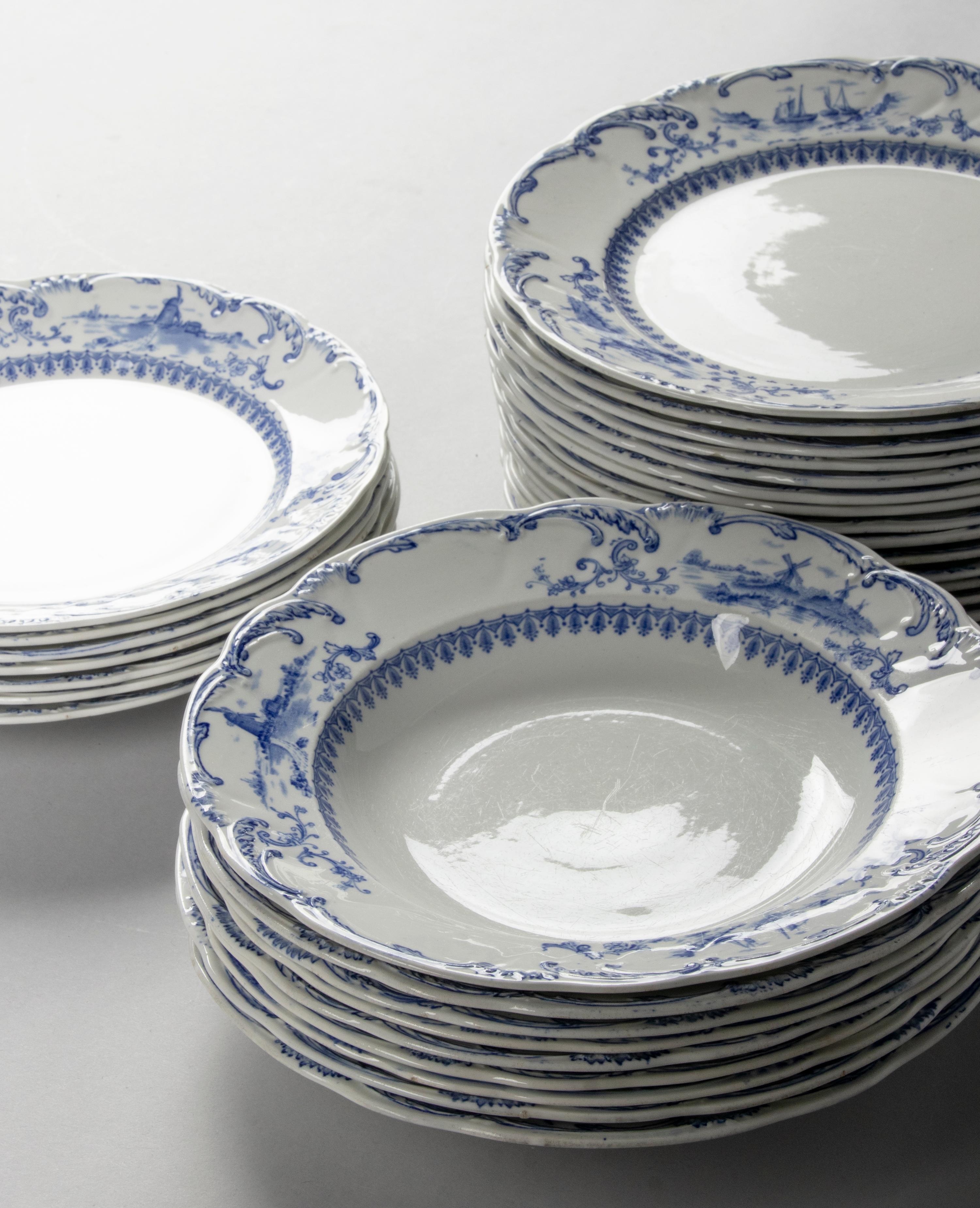 Glazed 44-Piece Antique Dinner Service by Ridgways England in Delft Pattern