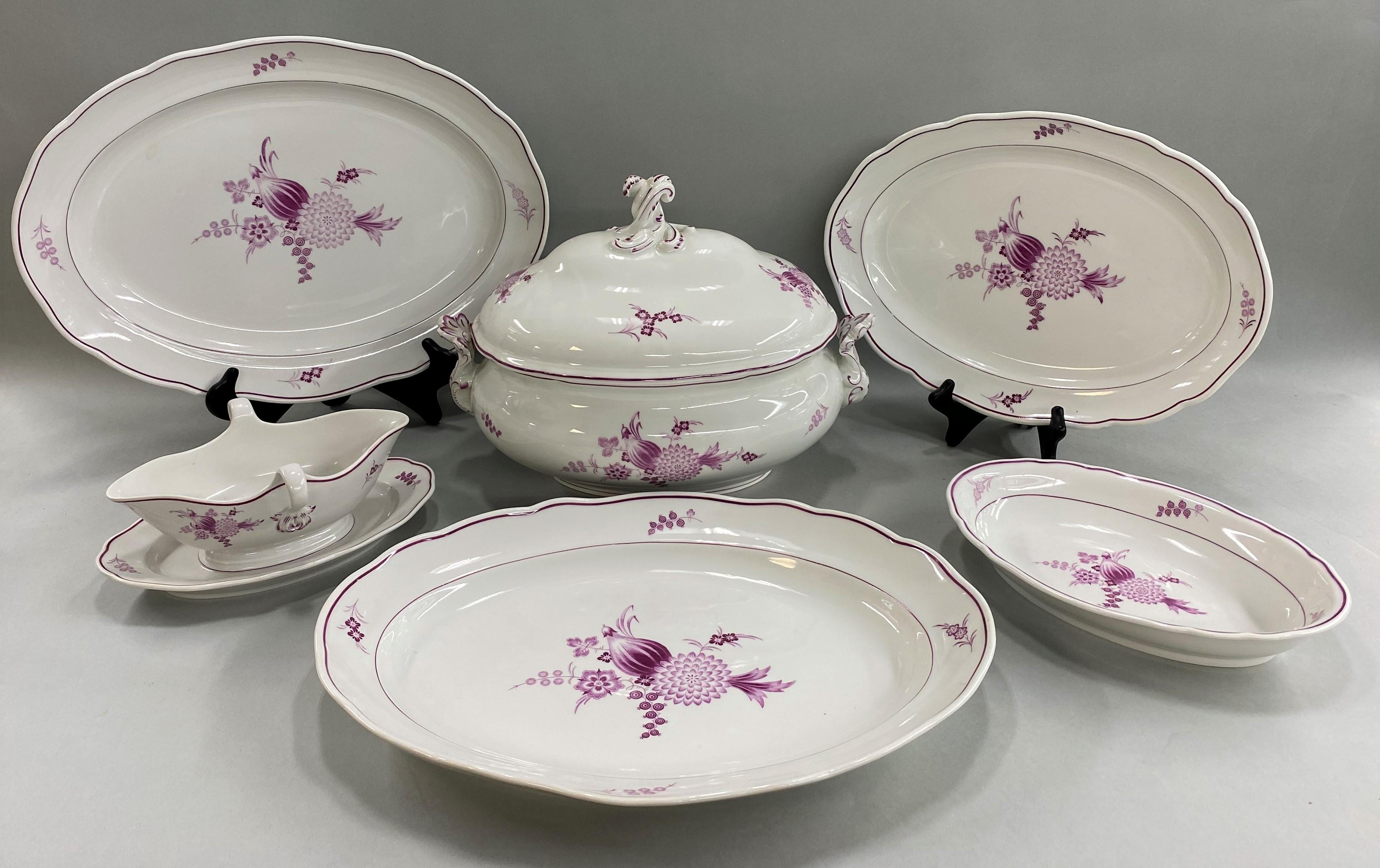 German 49-Piece Meissen Porcelain Dinner Service in Rare Puce/Purple Color For Sale
