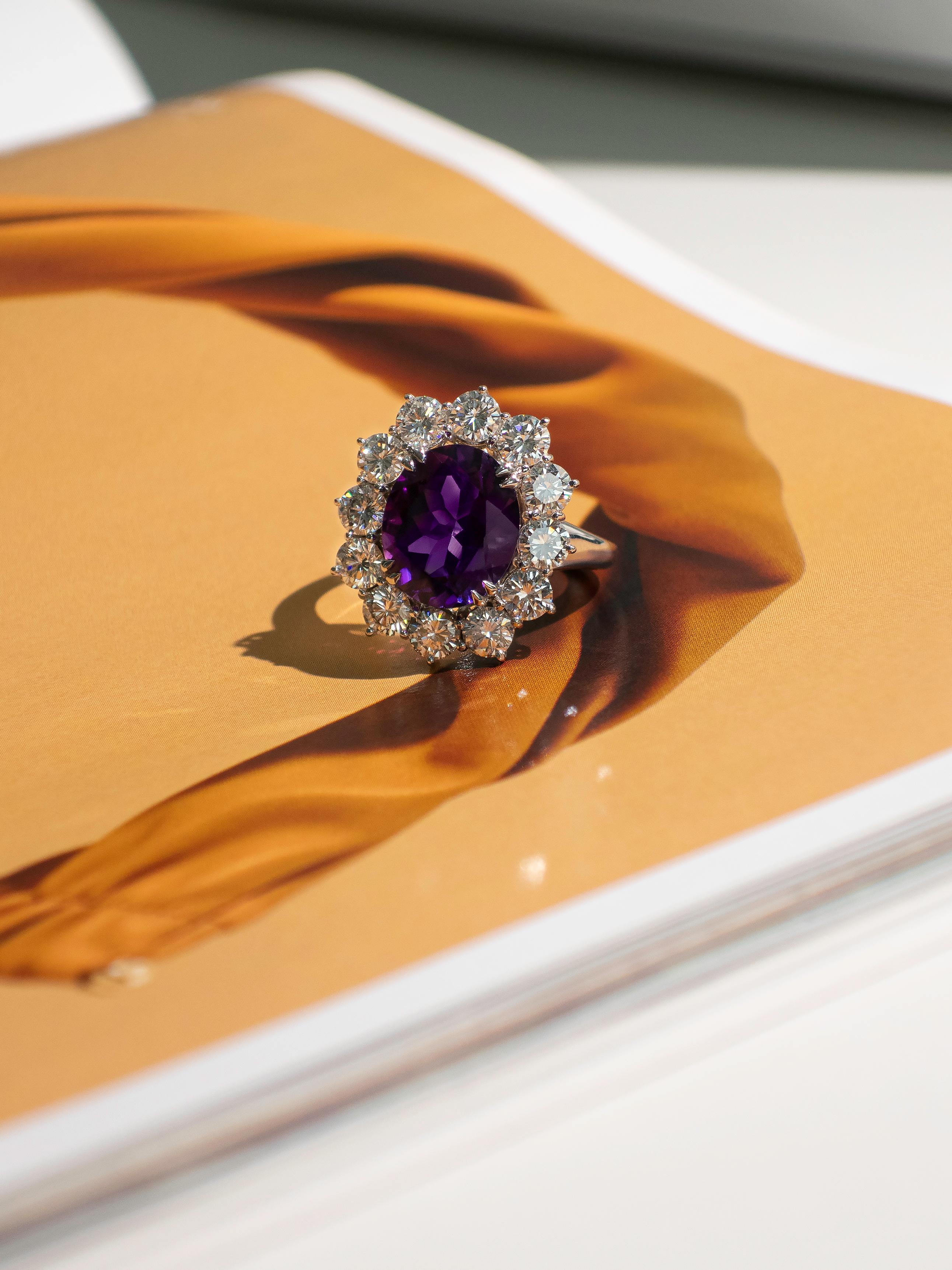 4.40 Carat Amethyst and 3 Carat Diamond Halo in 18k White Gold  For Sale 4