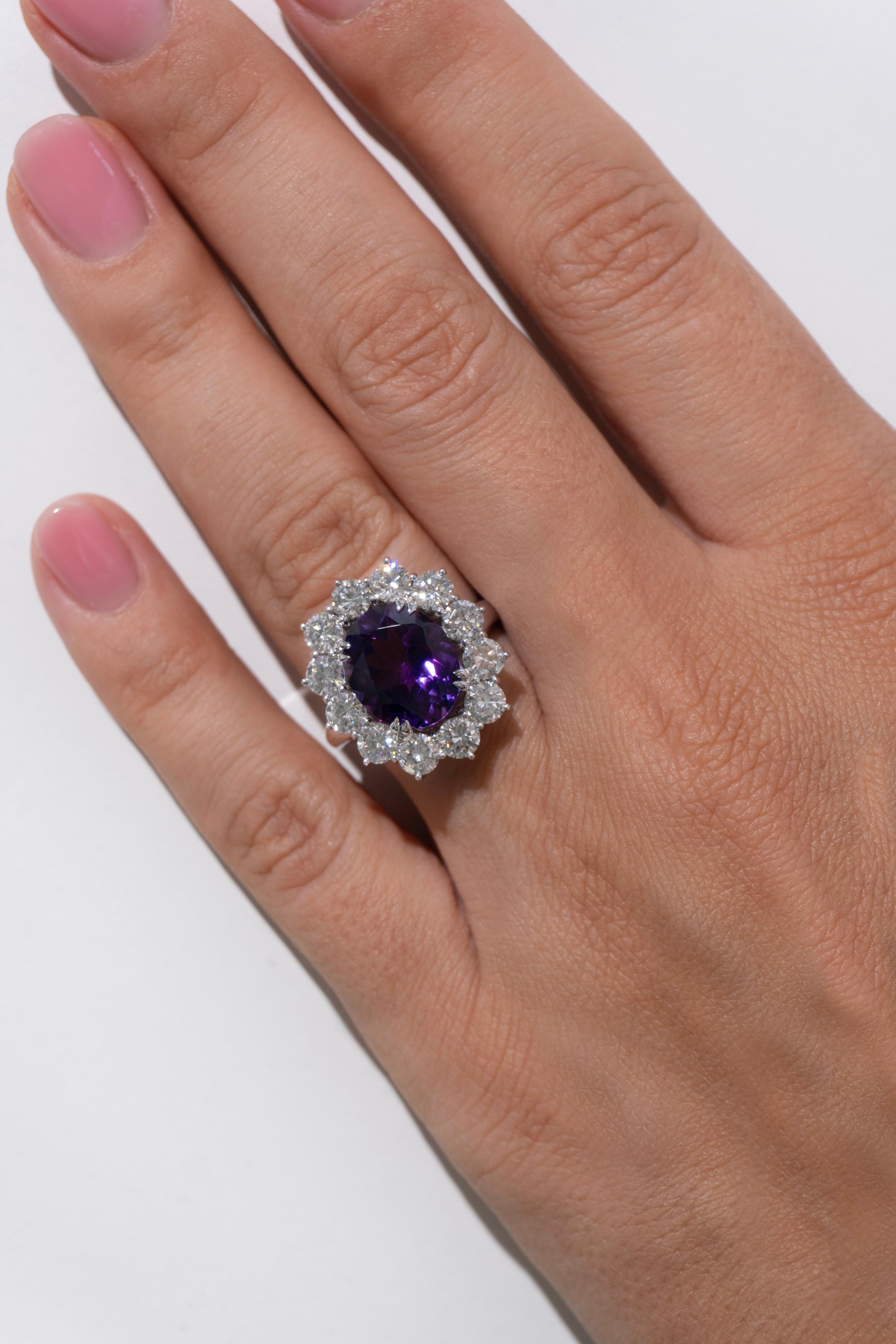 Oval Cut 4.40 Carat Amethyst and 3 Carat Diamond Halo in 18k White Gold  For Sale