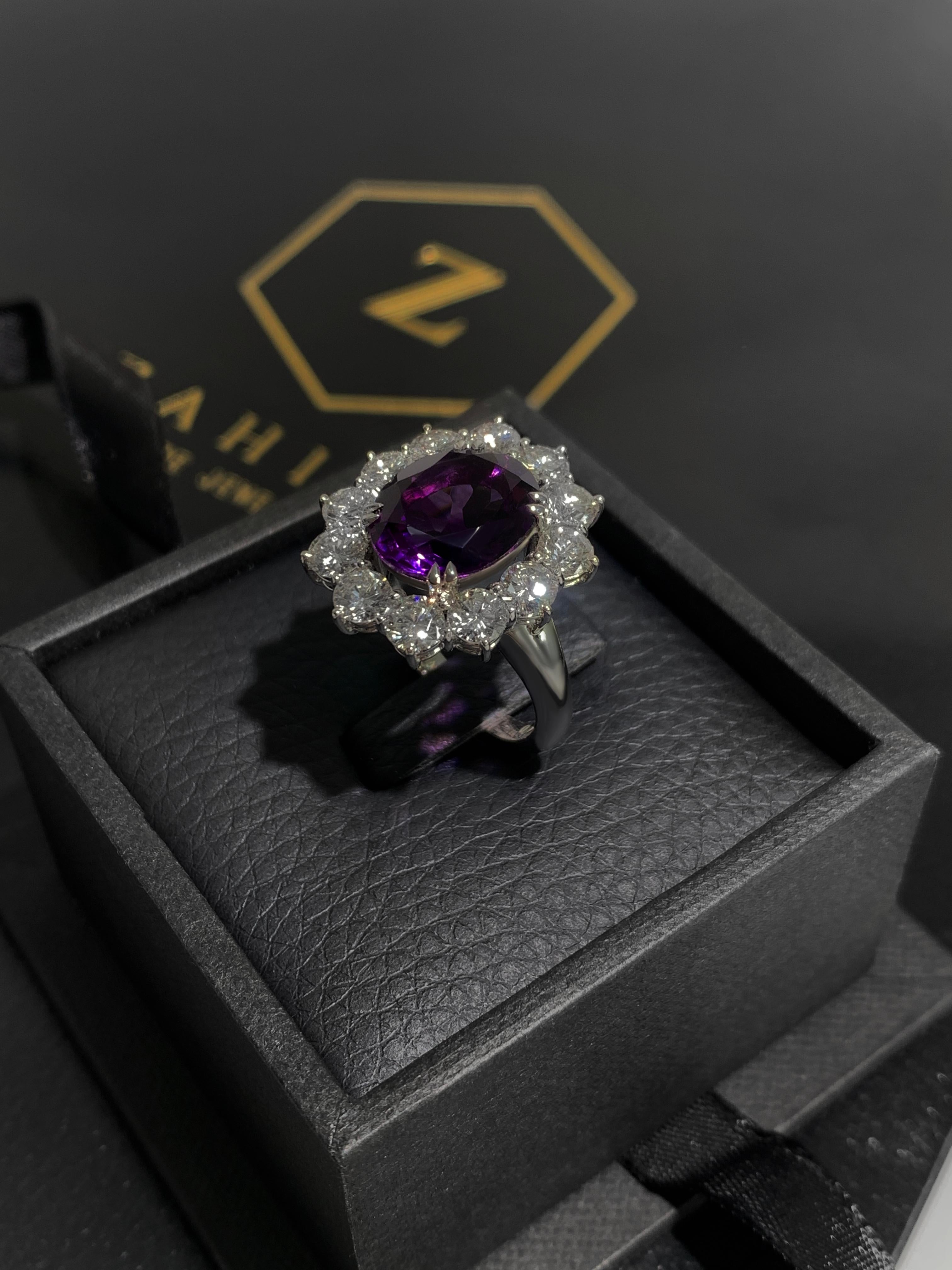 4.40 Carat Amethyst and 3 Carat Diamond Halo in 18k White Gold  For Sale 3
