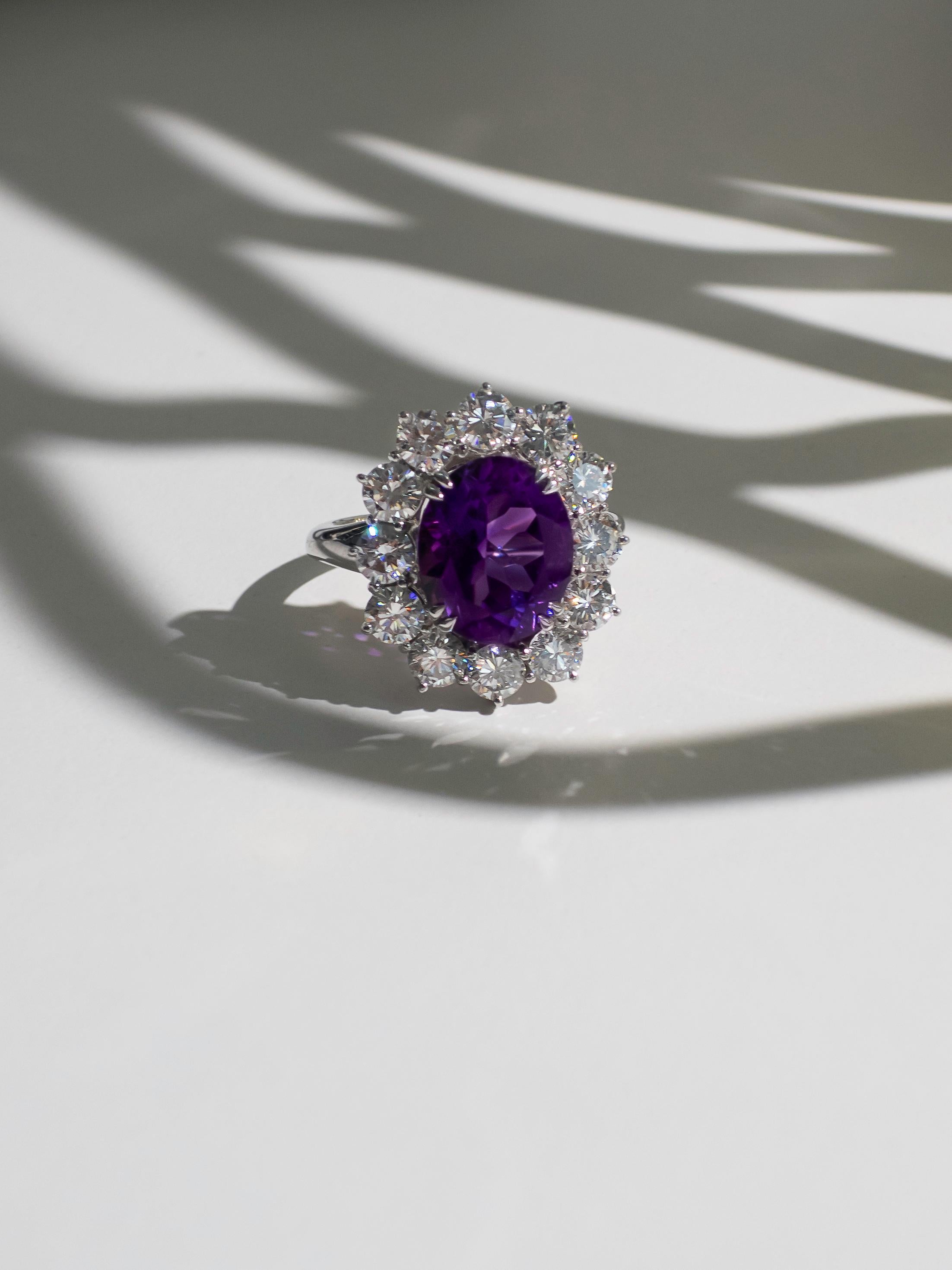 4.40 Carat Amethyst and 3 Carat Diamond Halo in 18k White Gold  For Sale 2