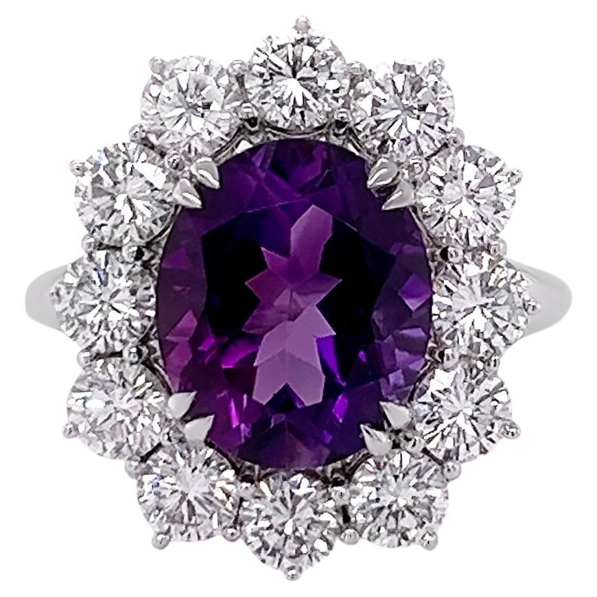 4.40 Carat Amethyst and 3 Carat Diamond Halo in 18k White Gold  For Sale