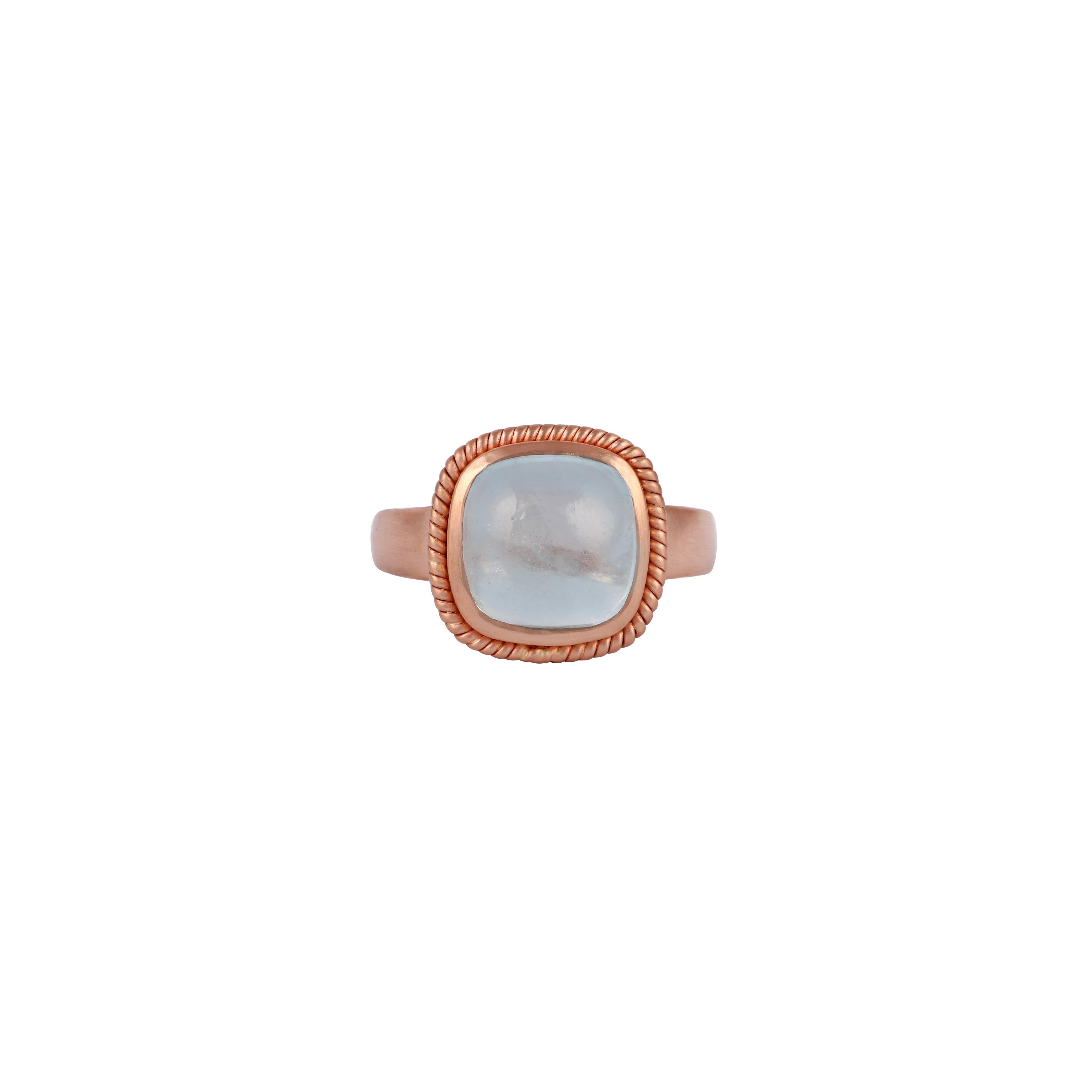 Its a classic ring studded in rose gold with cabochon shaped 4.40 carat aquamarine in a close setting, this entire ring is studded in 18k rose gold weight 5.14 grams, ring size can be change as per the requirement, its an elegant wearable ring. 