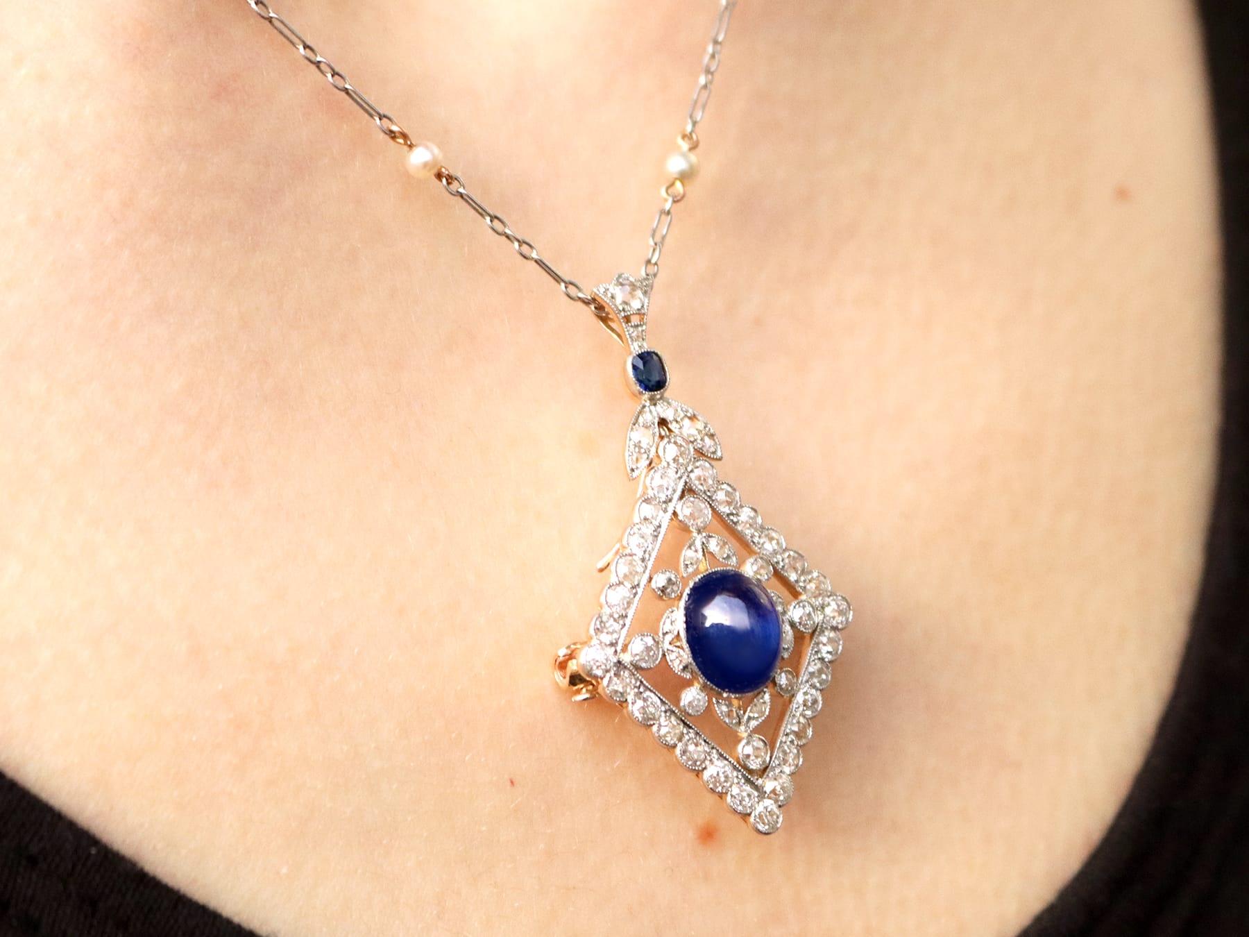 4.40 Carat Basaltic Sapphire 3.14 Carat Diamond and Pearl Pendant / Brooch For Sale 6
