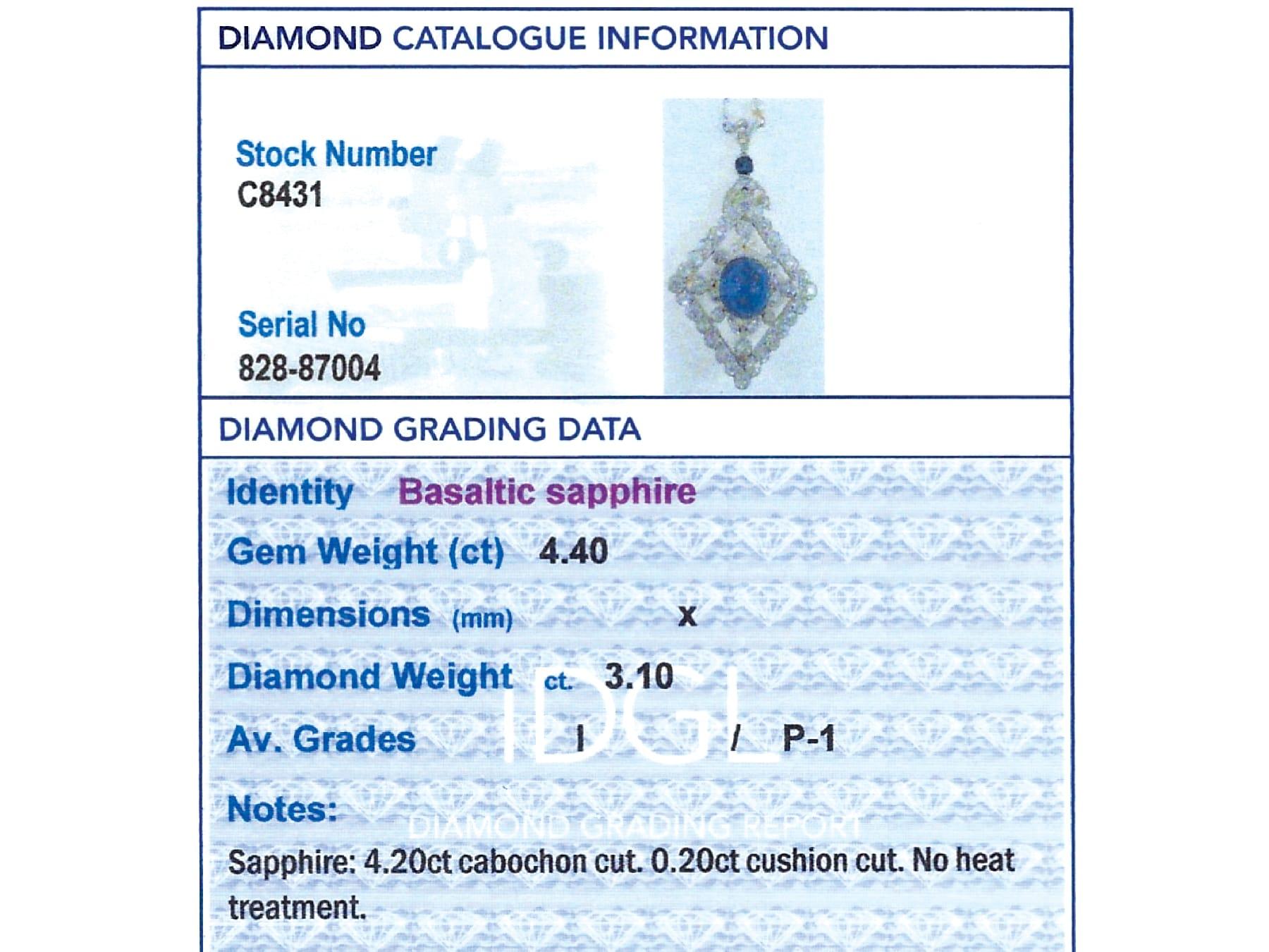 4.40 Carat Basaltic Sapphire 3.14 Carat Diamond and Pearl Pendant / Brooch For Sale 8