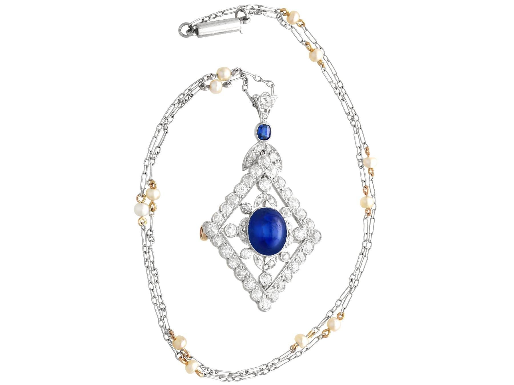 Cabochon 4.40 Carat Basaltic Sapphire 3.14 Carat Diamond and Pearl Pendant / Brooch For Sale