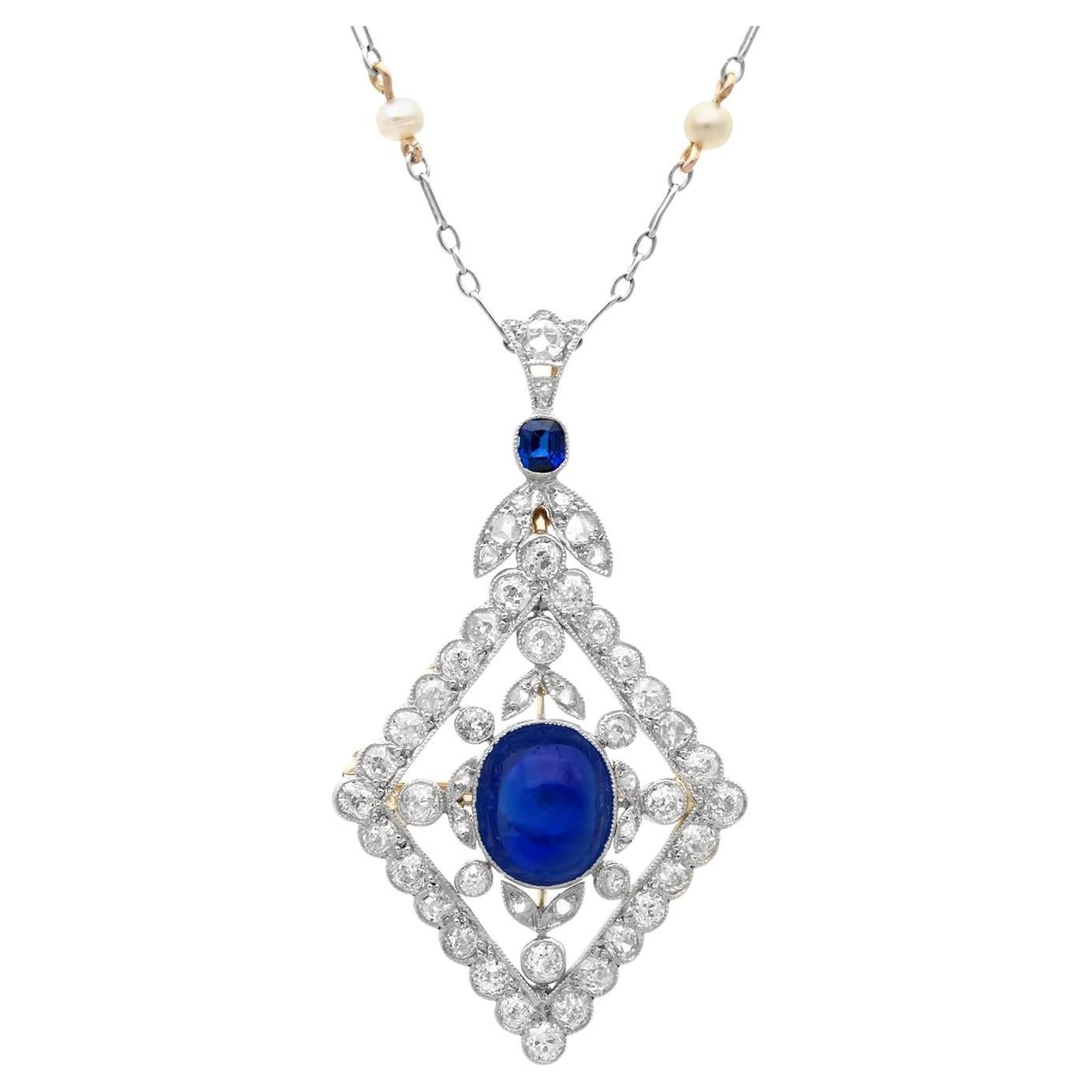 4.40 Carat Basaltic Sapphire 3.14 Carat Diamond and Pearl Pendant / Brooch For Sale