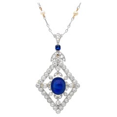 Antique 4.40 Carat Basaltic Sapphire 3.14 Carat Diamond and Pearl Pendant / Brooch