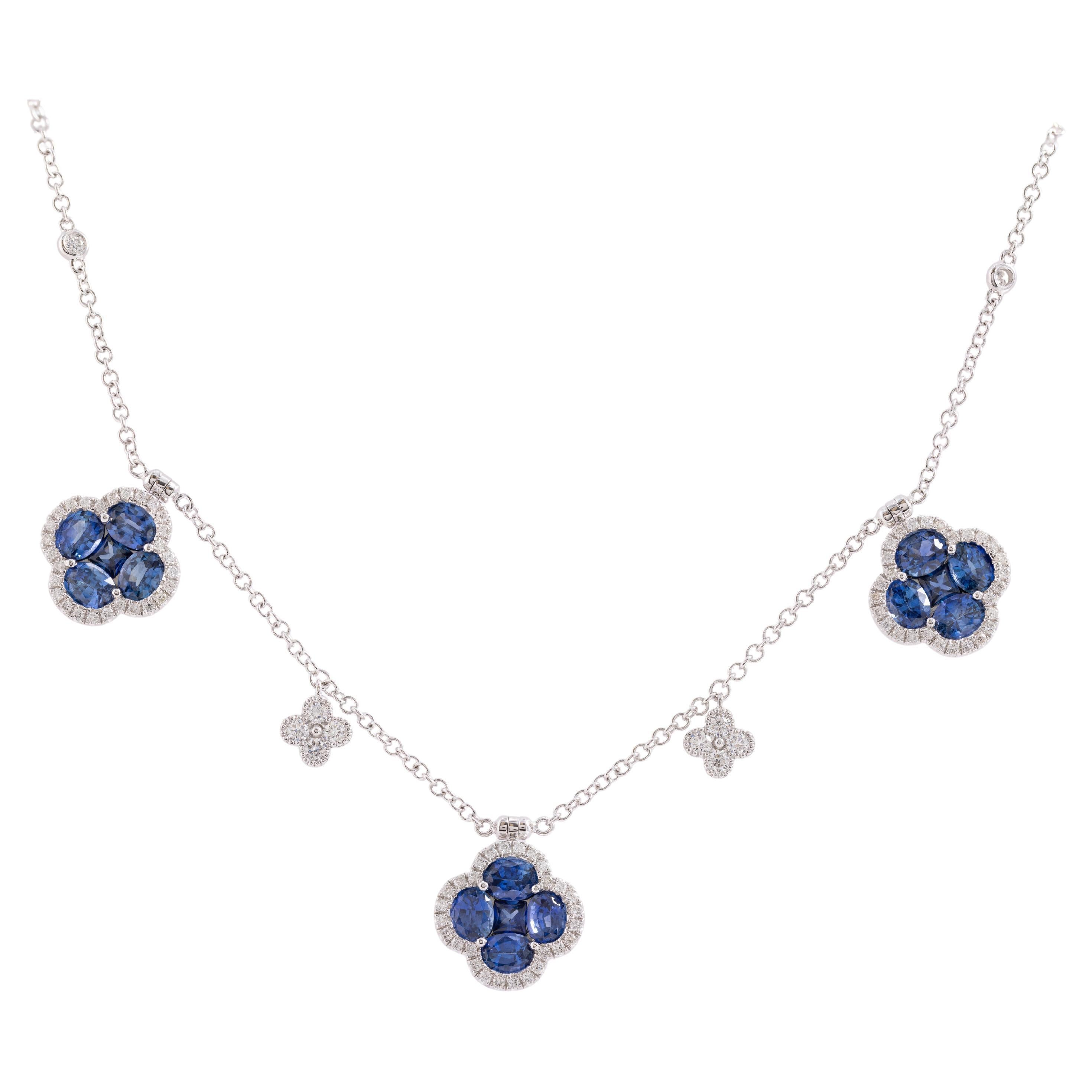 4.40 Carat Clover Mosaic Sapphire Necklace with 0.70 Ct Dia in 18k Gold ref1247
