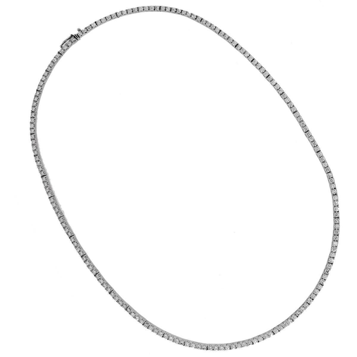 Material: 18k white gold
Diamond Details: Approximately 4.40ctw round brilliant cut diamonds. Diamonds are G/H in color and VS in clarity.
Necklace measurements: 16″ in length
Clasp: Tongue in box clasp with safety latch
Total Weight: 17.6g