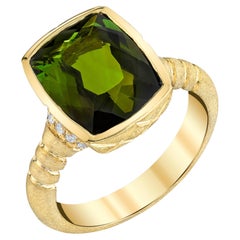 4.40 Carat Green Tourmaline Cushion, Diamond Yellow Gold Bezel Signet Ring